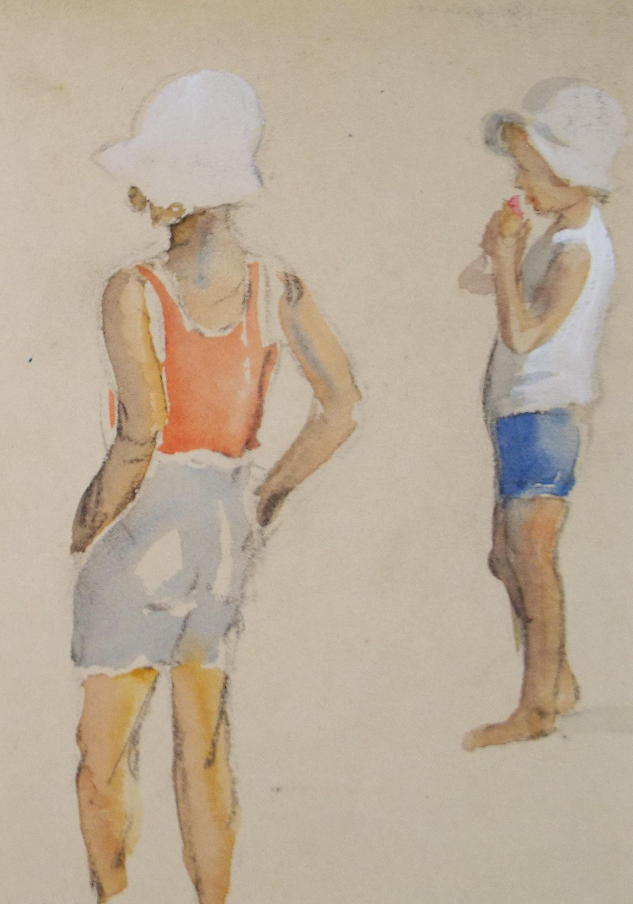 Original Watercolour, 'Children on the beach', circa 1930's, Artist Unknown
