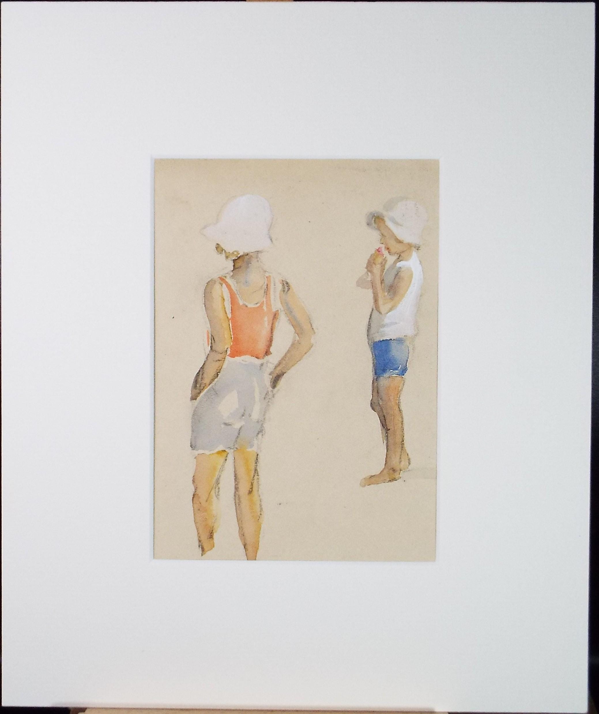 Original Watercolour, 'Children on the beach', circa 1930's, Artist Unknown