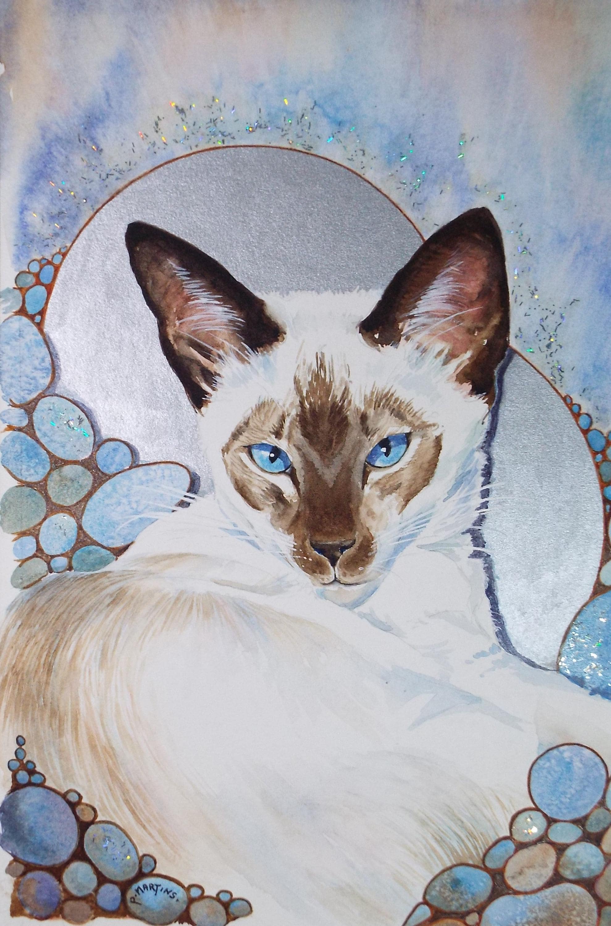 Original Watercolour, 'Frosty - the Siamese',P Martins s.o.f.a, Circa 1990's