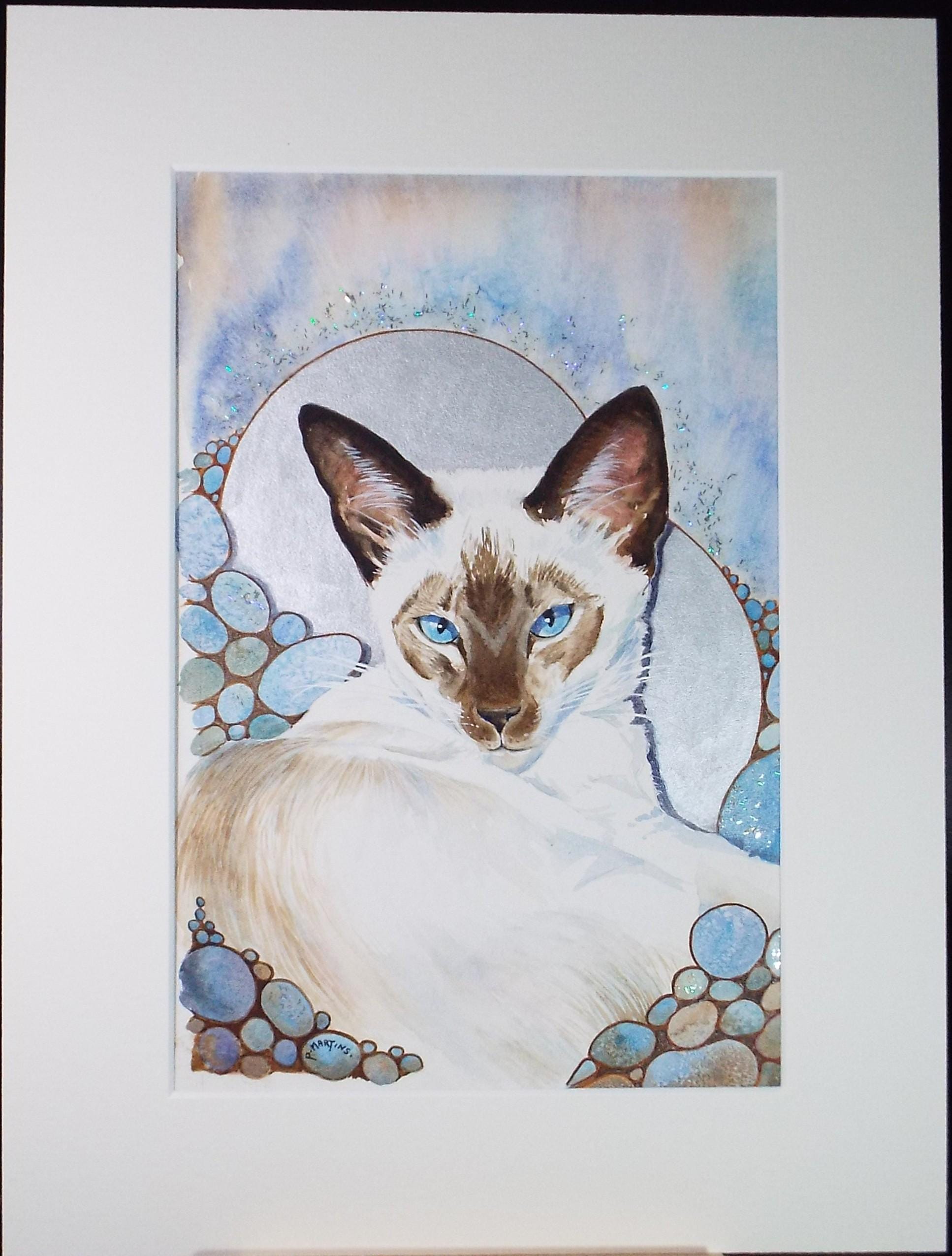 Original Watercolour, 'Frosty - the Siamese',P Martins s.o.f.a, Circa 1990's