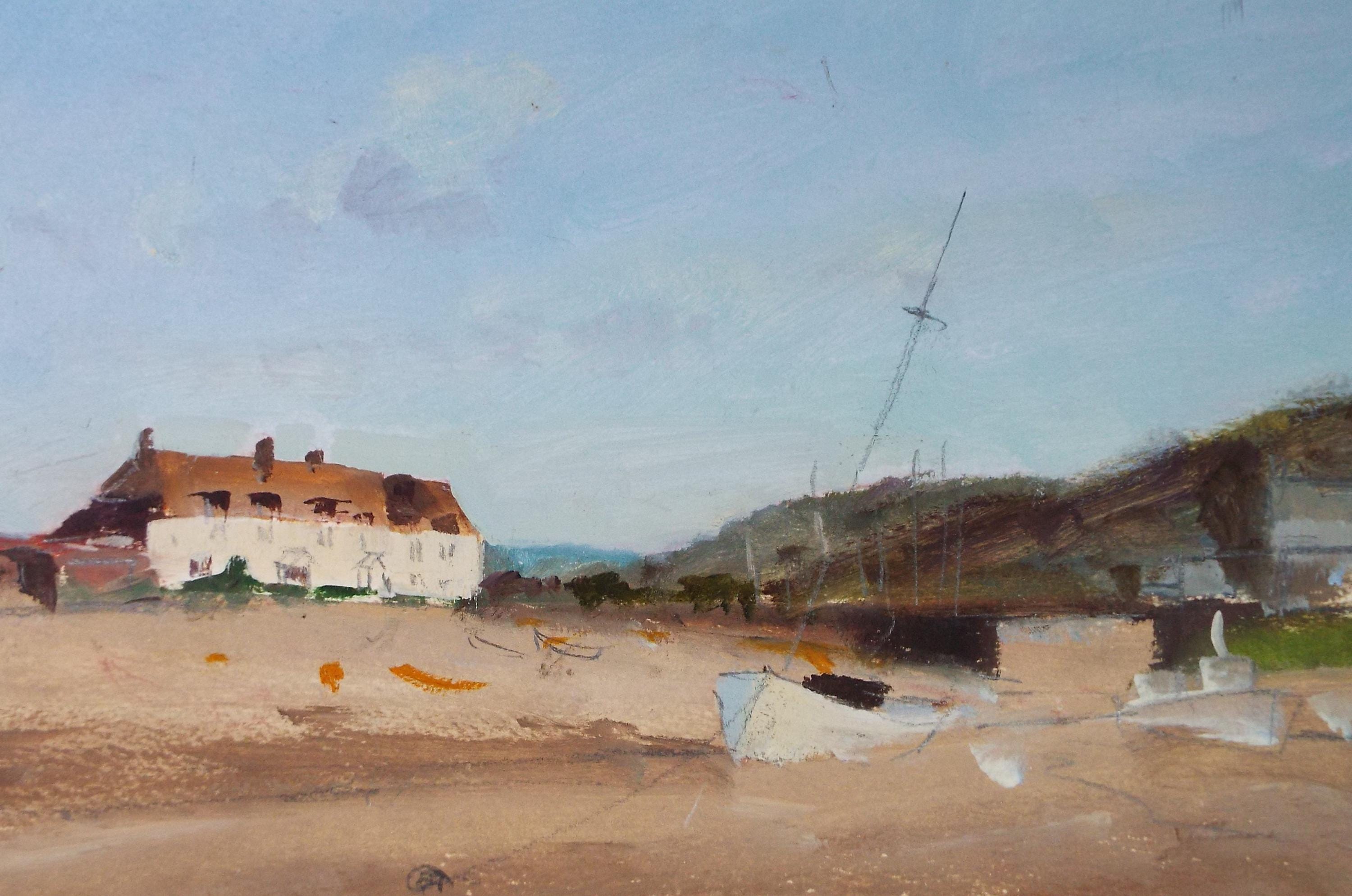 Original Gouache, 'Coastal Cottages with boats', Circa 1980's, Artist Unknown