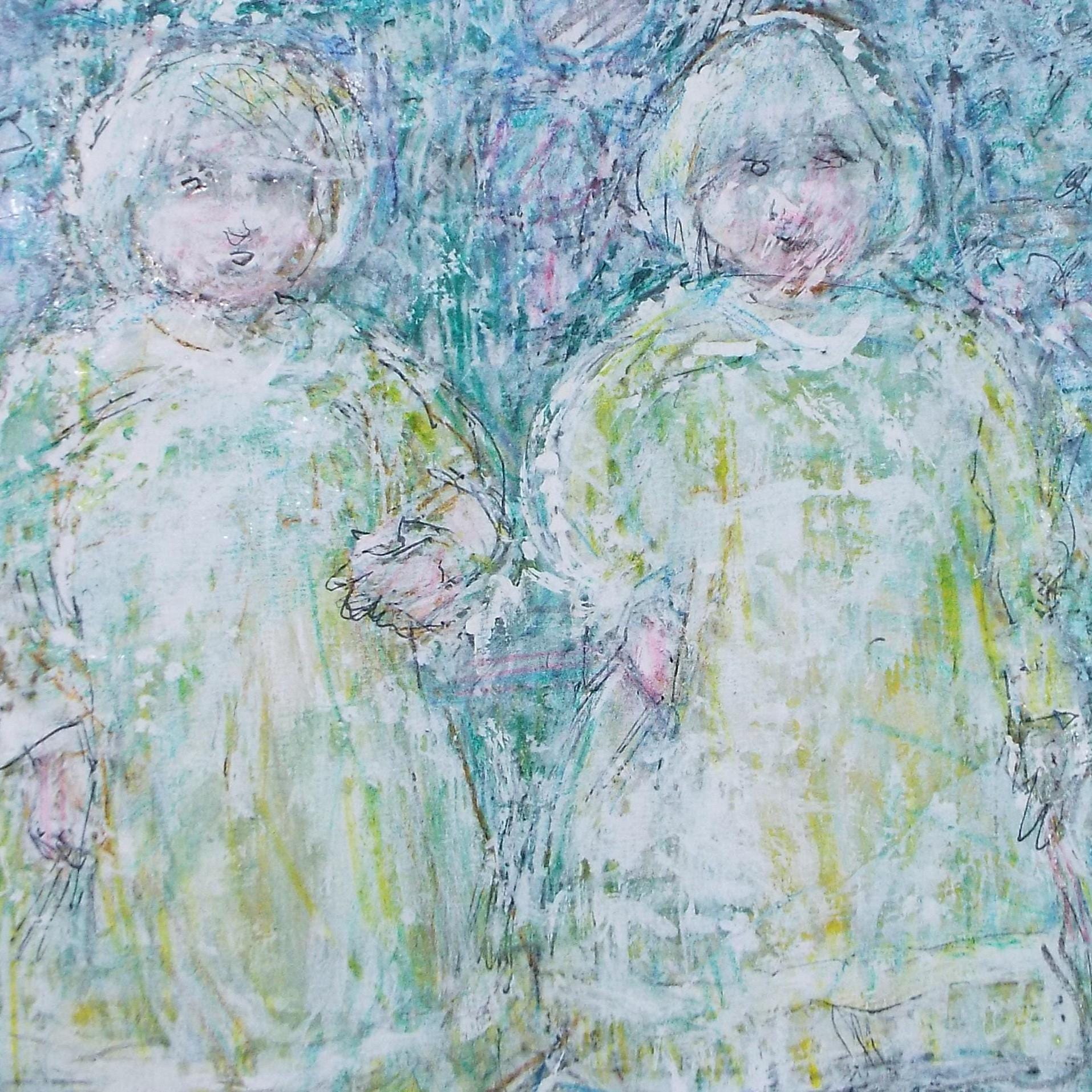 Original mixed media,'Two children & a cat', circa 1990's, John Gilbey Bowles (1929-2011)
