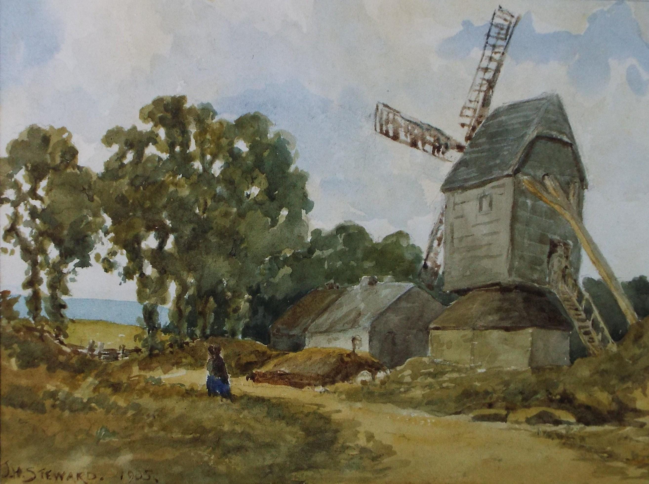 Original Watercolour Drawing, 'Figure before a Windmill', J H Steward, Dated 1905