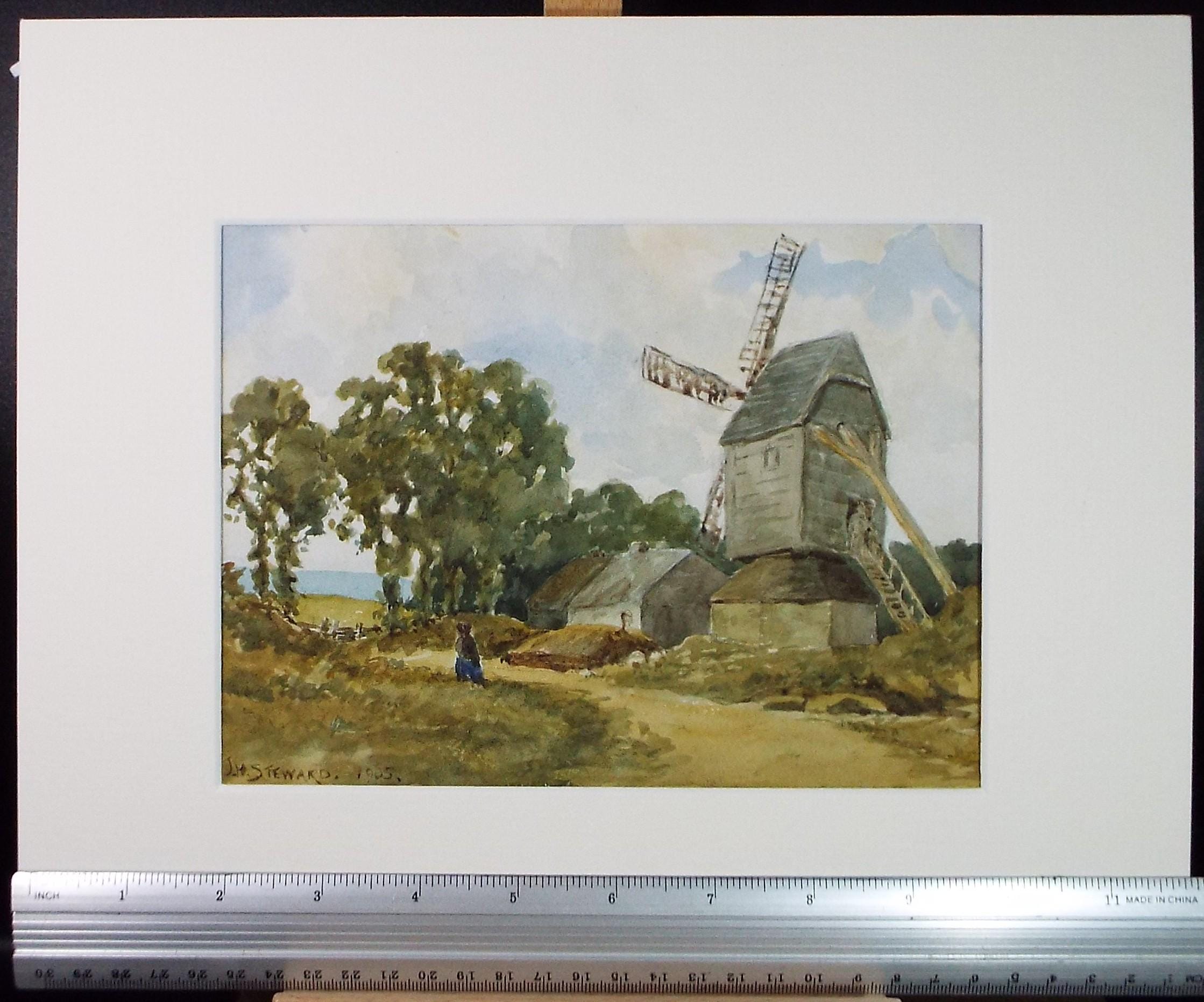 Original Watercolour Drawing, 'Figure before a Windmill', J H Steward, Dated 1905