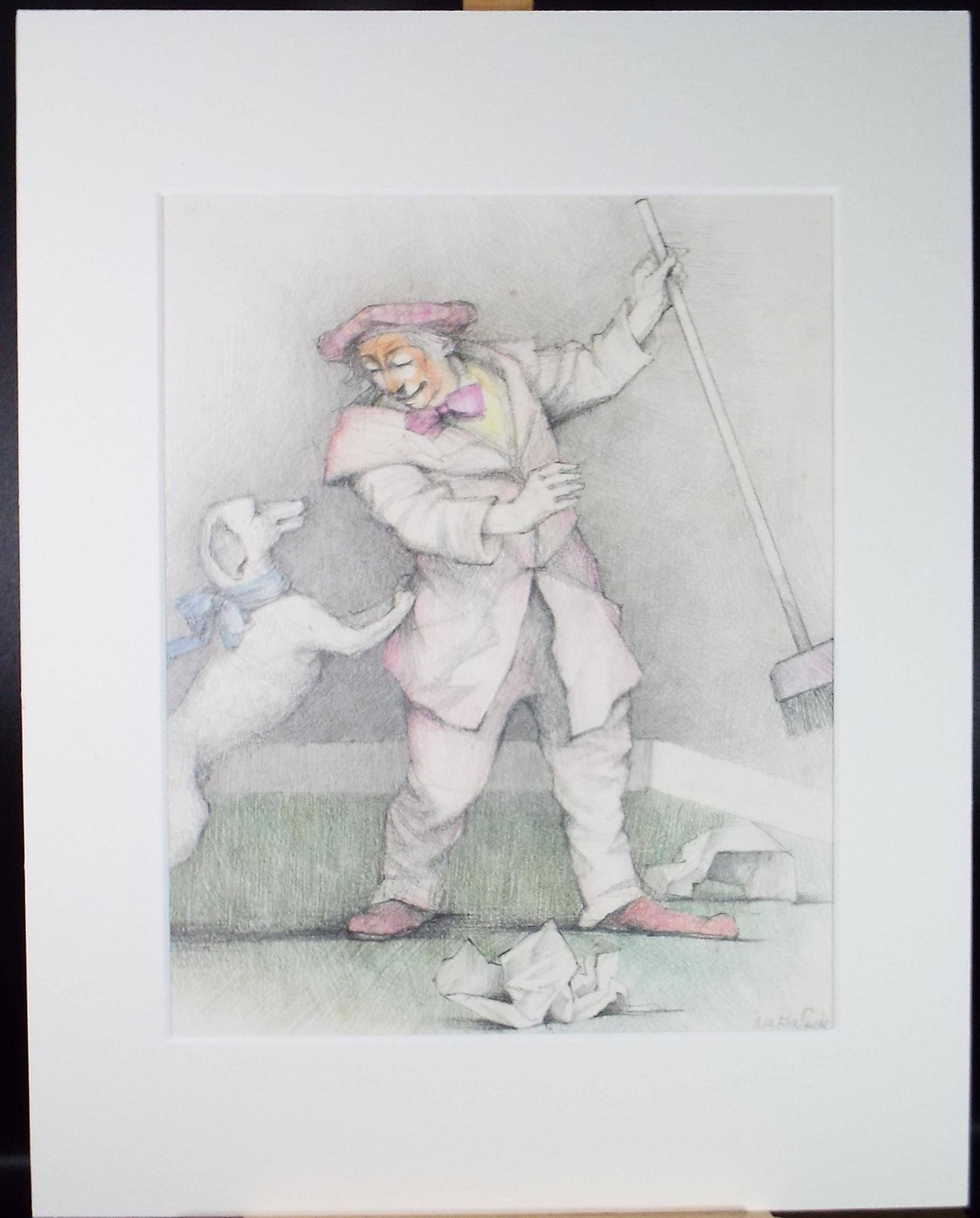Coloured pencil Drawing, 'Clown with dog and broom', c1990s,Alice Mary Fitzpayne (b.1928)