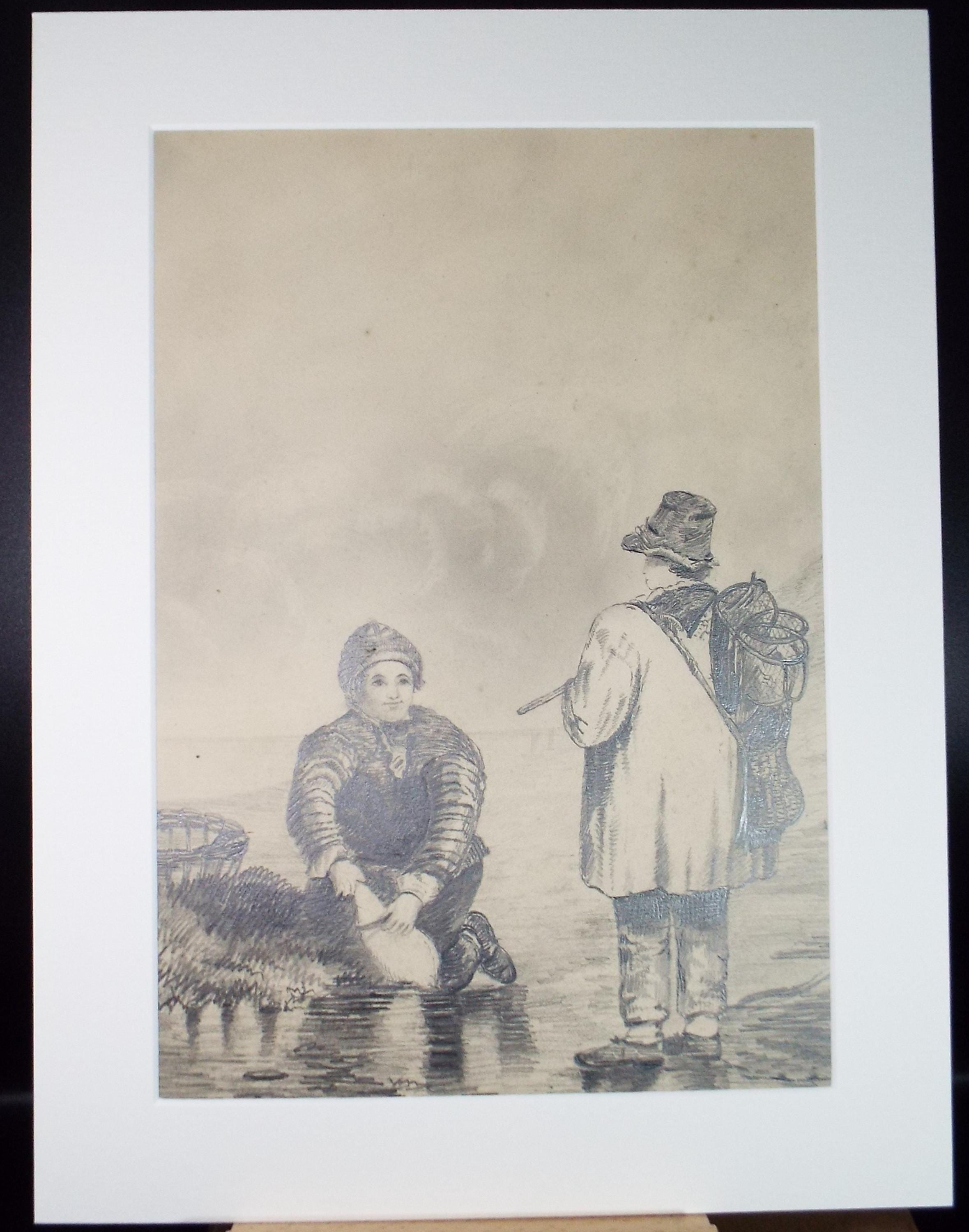 Original Pencil drawing, 'Fishers on the Shore', Unknown Artist, late 19th Century