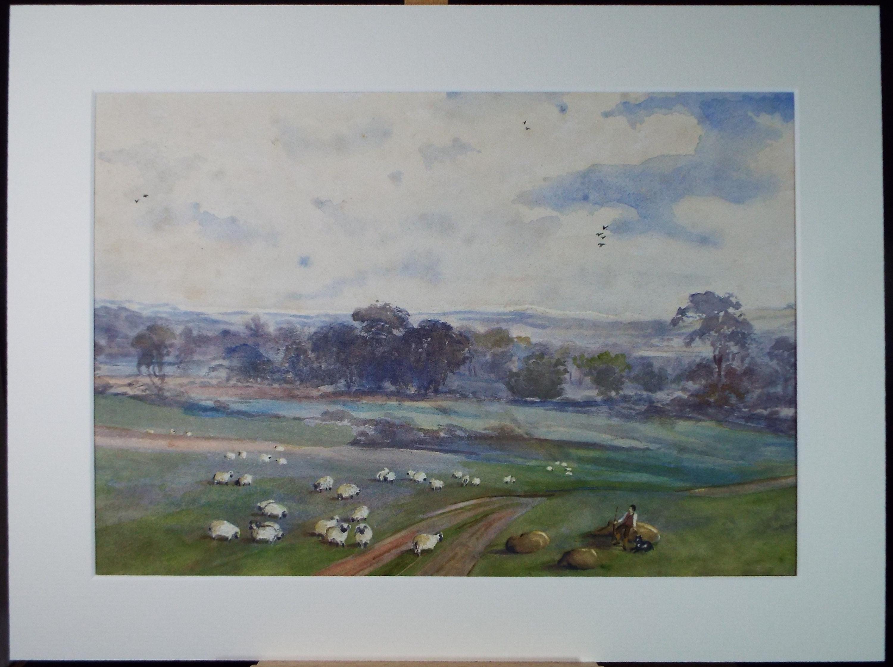 Original Watercolour, 'Sheep with Shepherd & Dog', Late 20th Century, Unknown artist