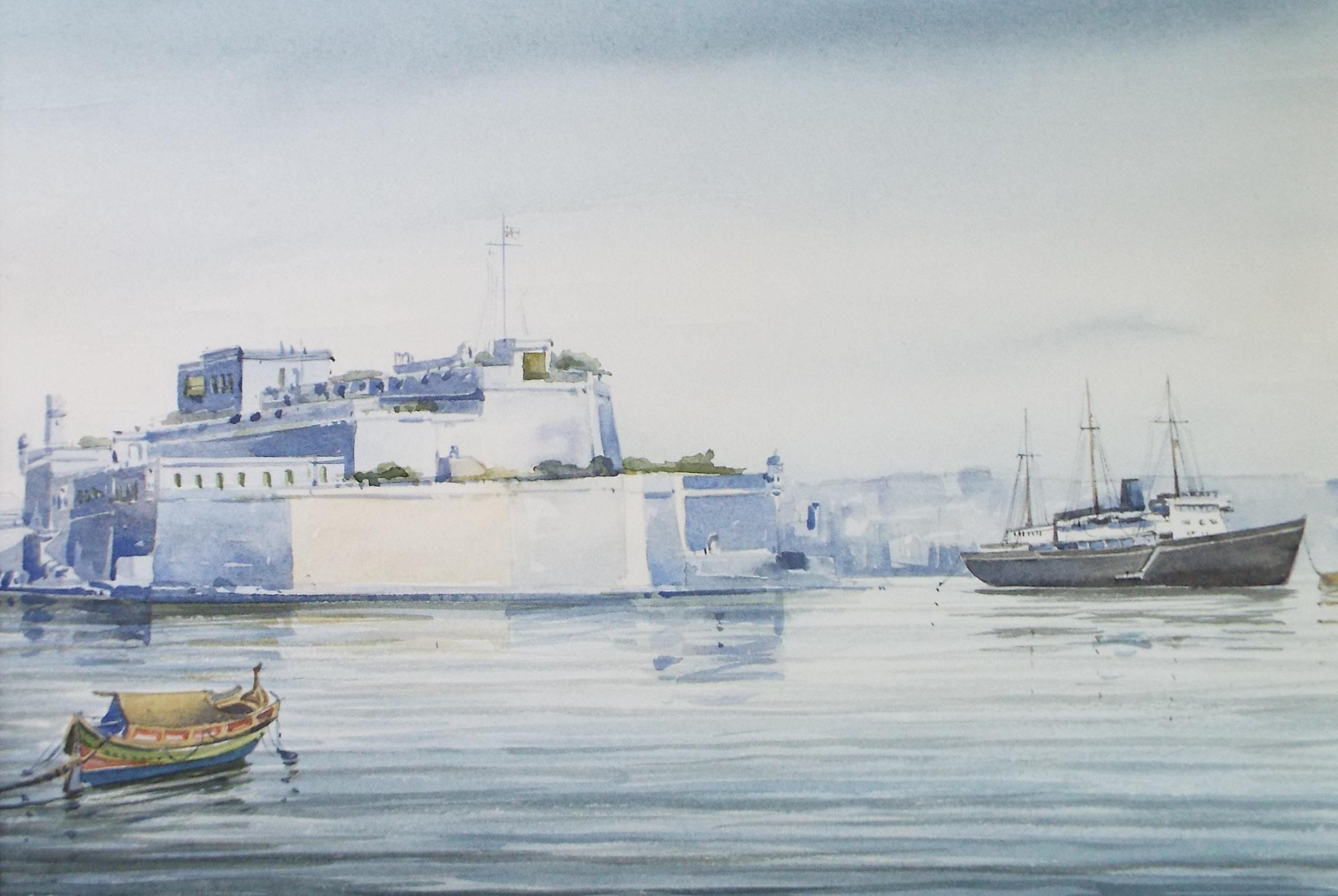 Original Watercolour , 'Malta Dockyard, Britannia Moored', dated 1978, Aldo M Gale