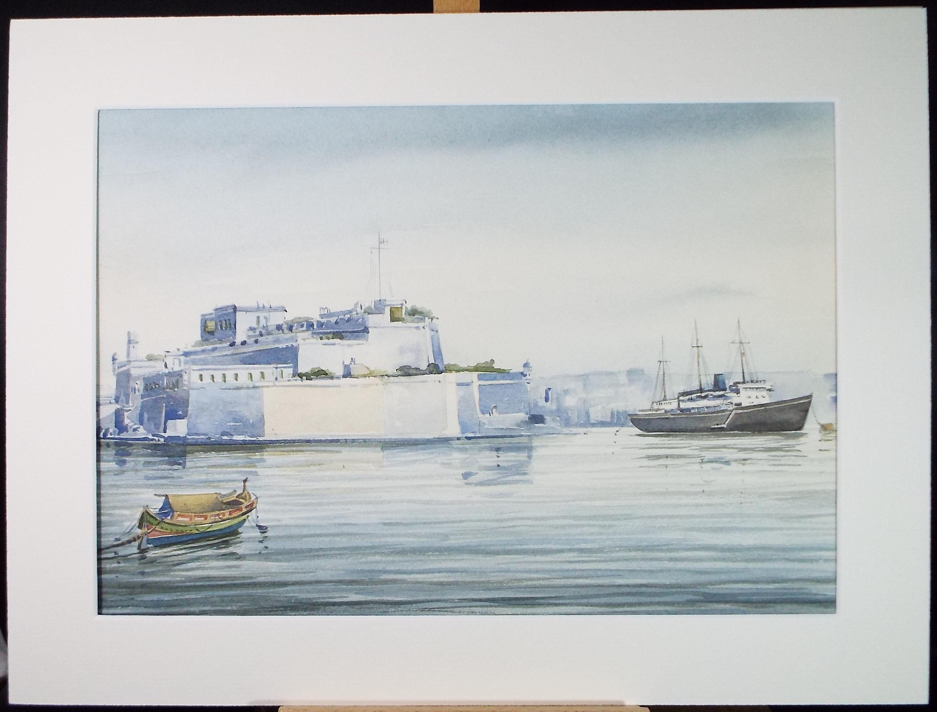 Original Watercolour , 'Malta Dockyard, Britannia Moored', dated 1978, Aldo M Gale