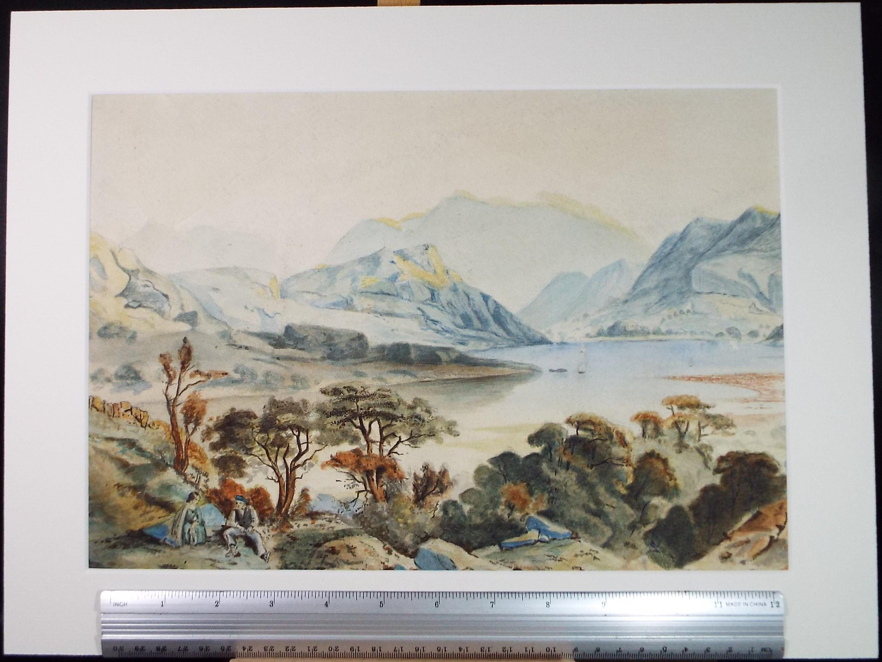 Original Watercolour, 'Lake with figures', Late 19th Century, Artist unknown