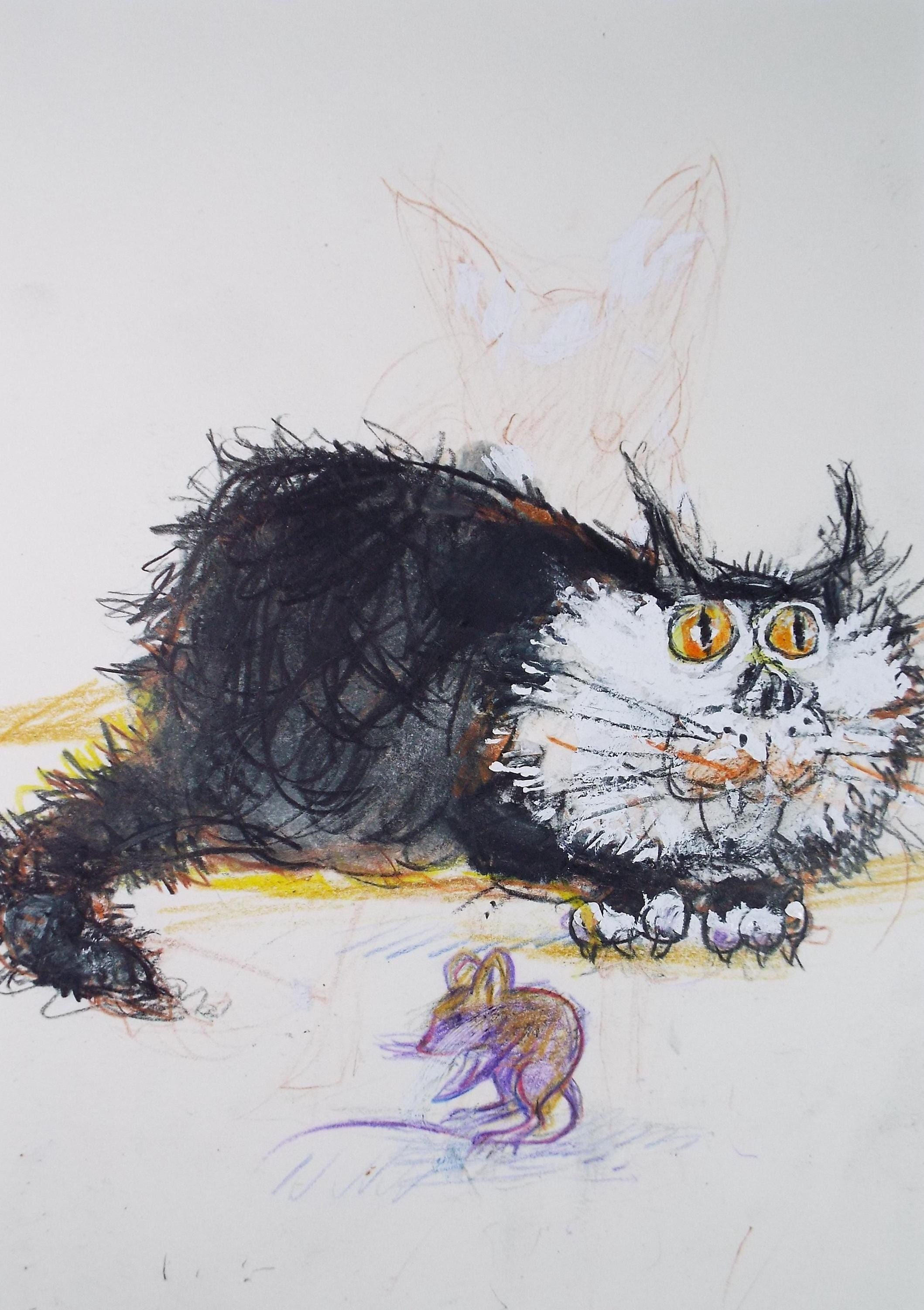 Original coloured pencil & Gouache,'Cat and Mouse', 2005, John Gilbey Bowles (1929-2011)