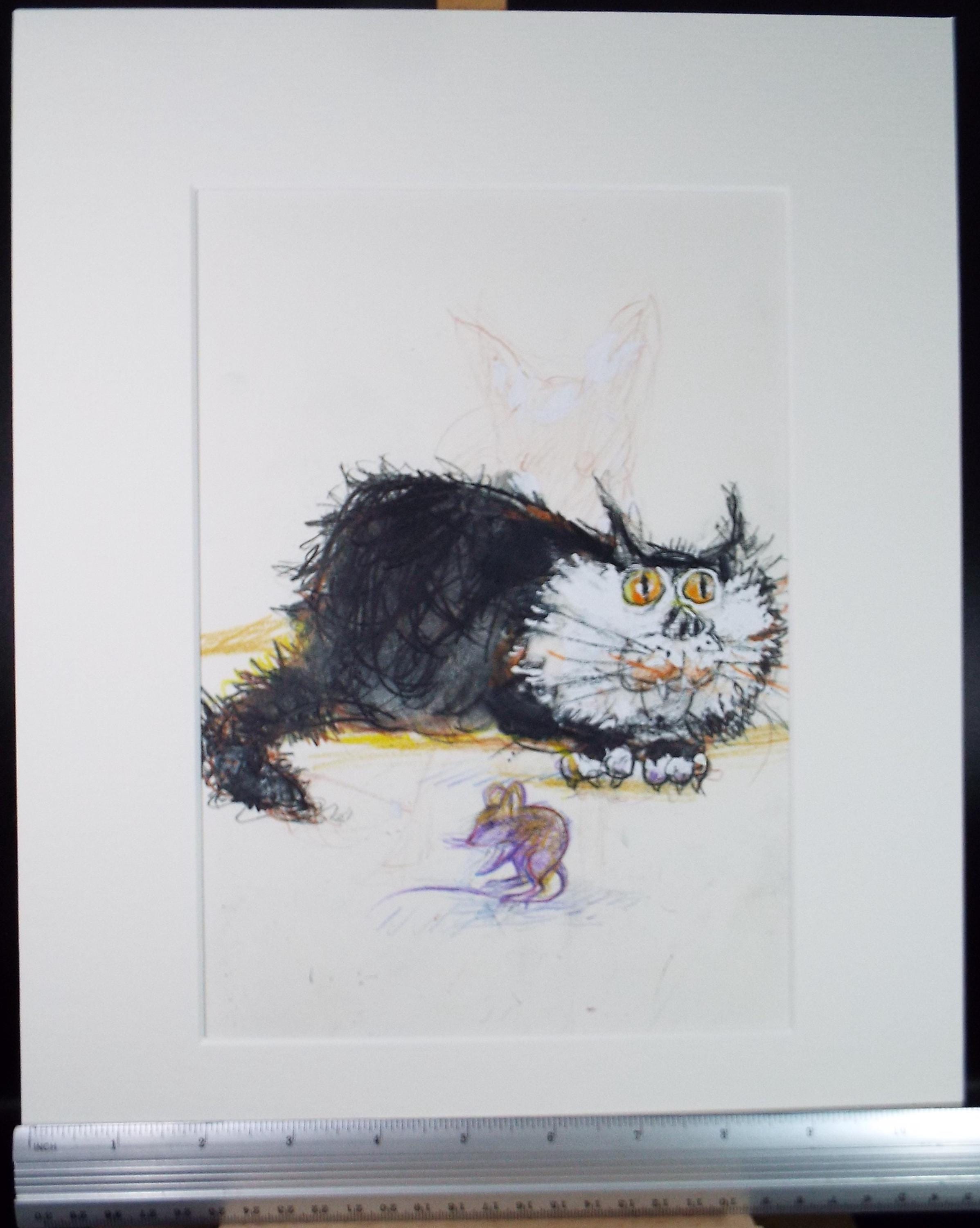 Original coloured pencil & Gouache,'Cat and Mouse', 2005, John Gilbey Bowles (1929-2011)