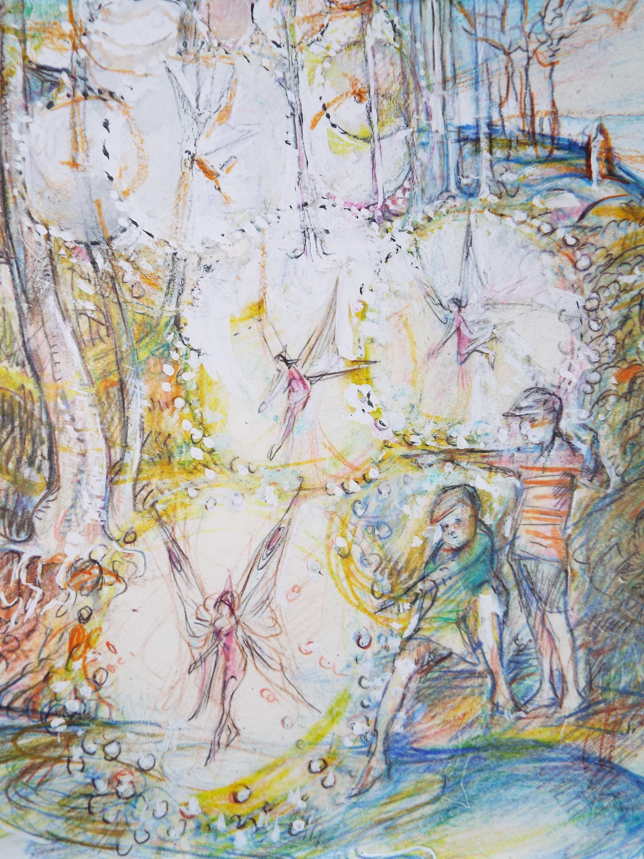 Original coloured pencil & Gouache,'Childen by a fairy pool', 2005, John Gilbey Bowles (1929-2011)