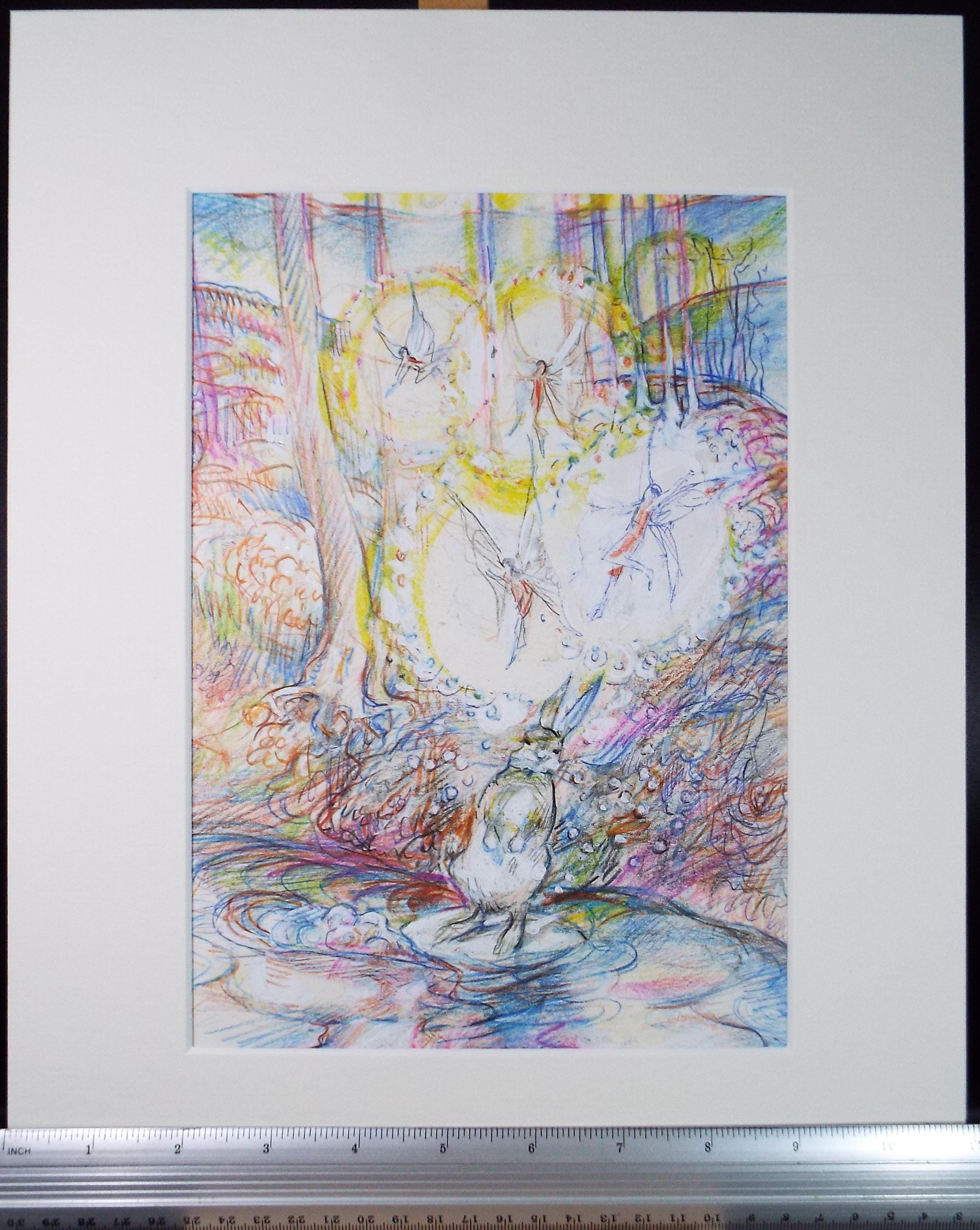 Original coloured pencil & Gouache,'Rabbit by a fairy pool', 2005, John Gilbey Bowles (1929-2011)