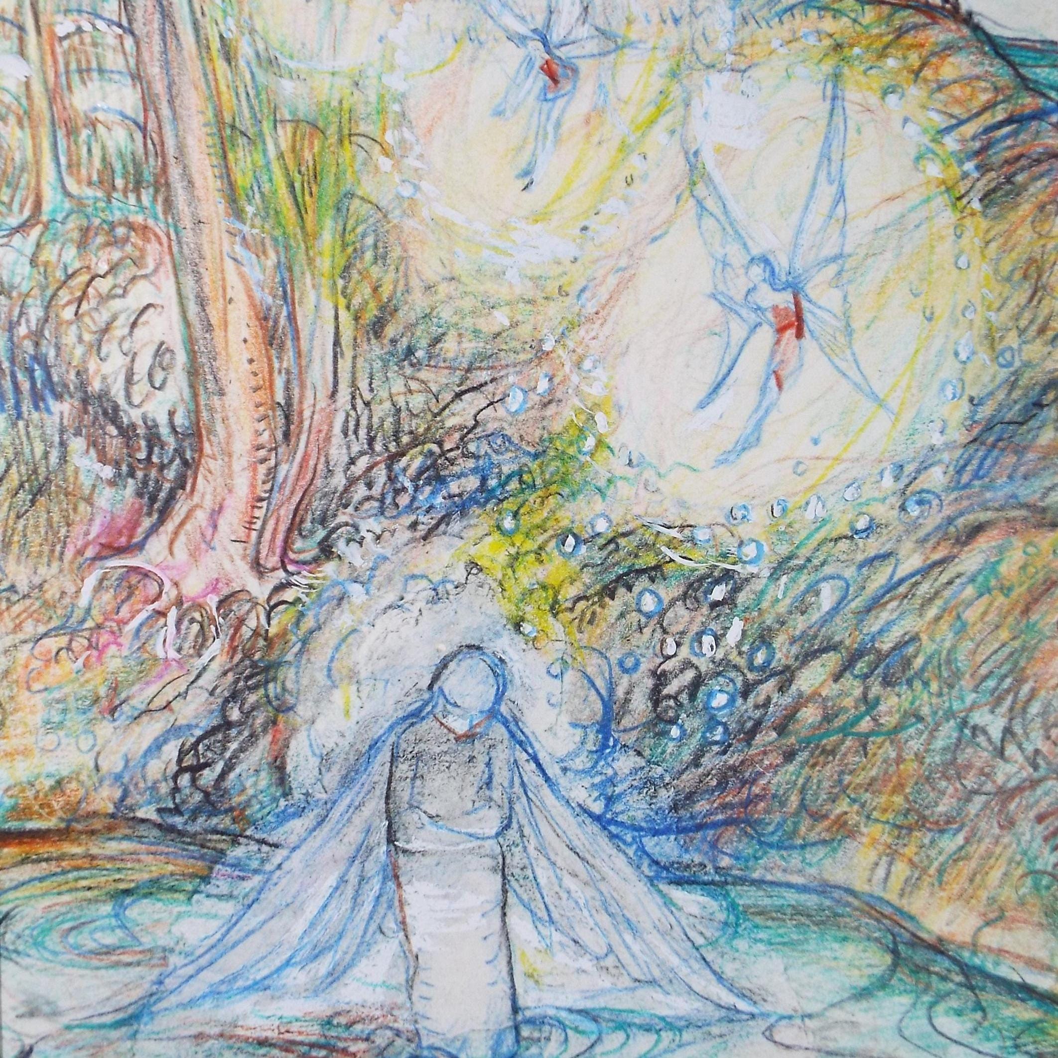 Original coloured pencil & Gouache,'Angel by a fairy pool', 2005, John Gilbey Bowles (1929-2011)