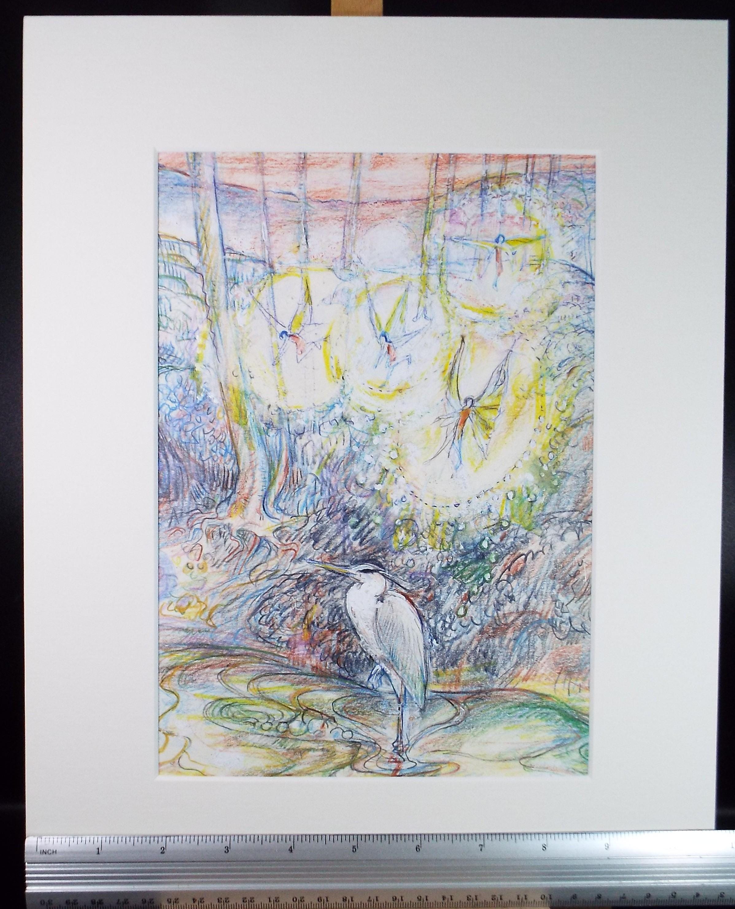 Original coloured pencil & Gouache,'Heron by a fairy pool', 2005, John Gilbey Bowles (1929-2011)