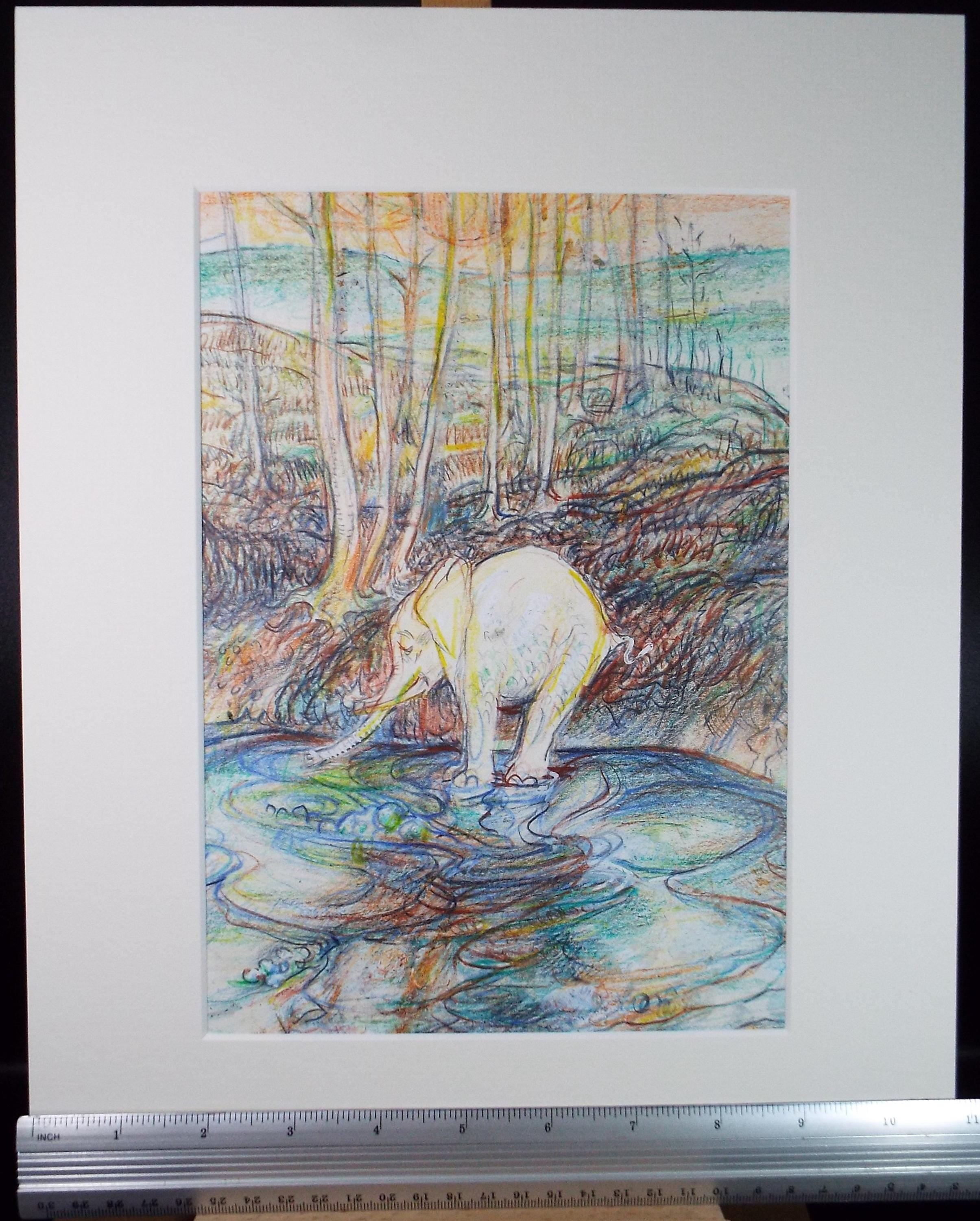 Original coloured pencil ,'Elephant in a pool', 2005, John Gilbey Bowles (1929-2011)