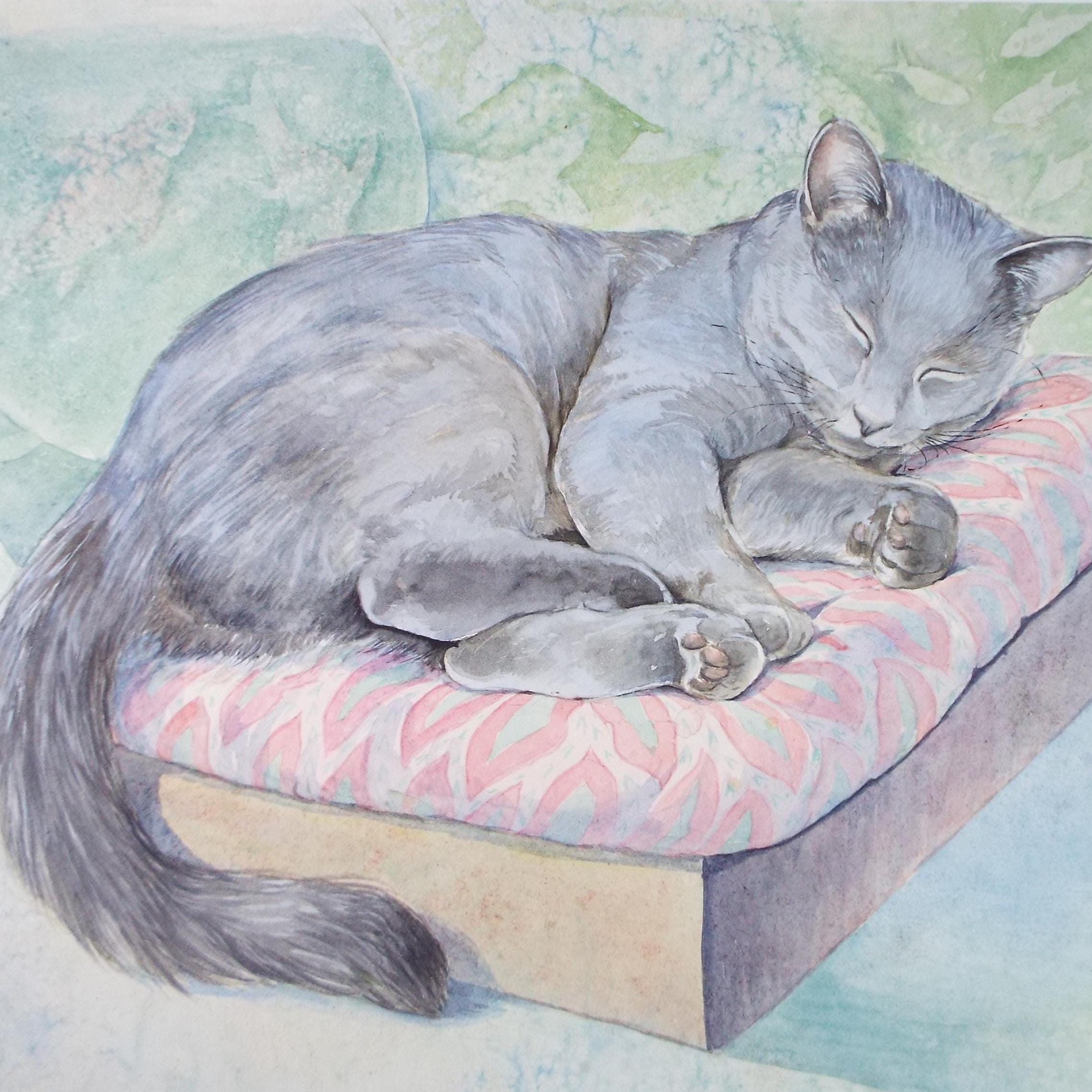 Original Watercolour, 'Sleeping Cat',P Martins s.o.f.a, Circa 1990's