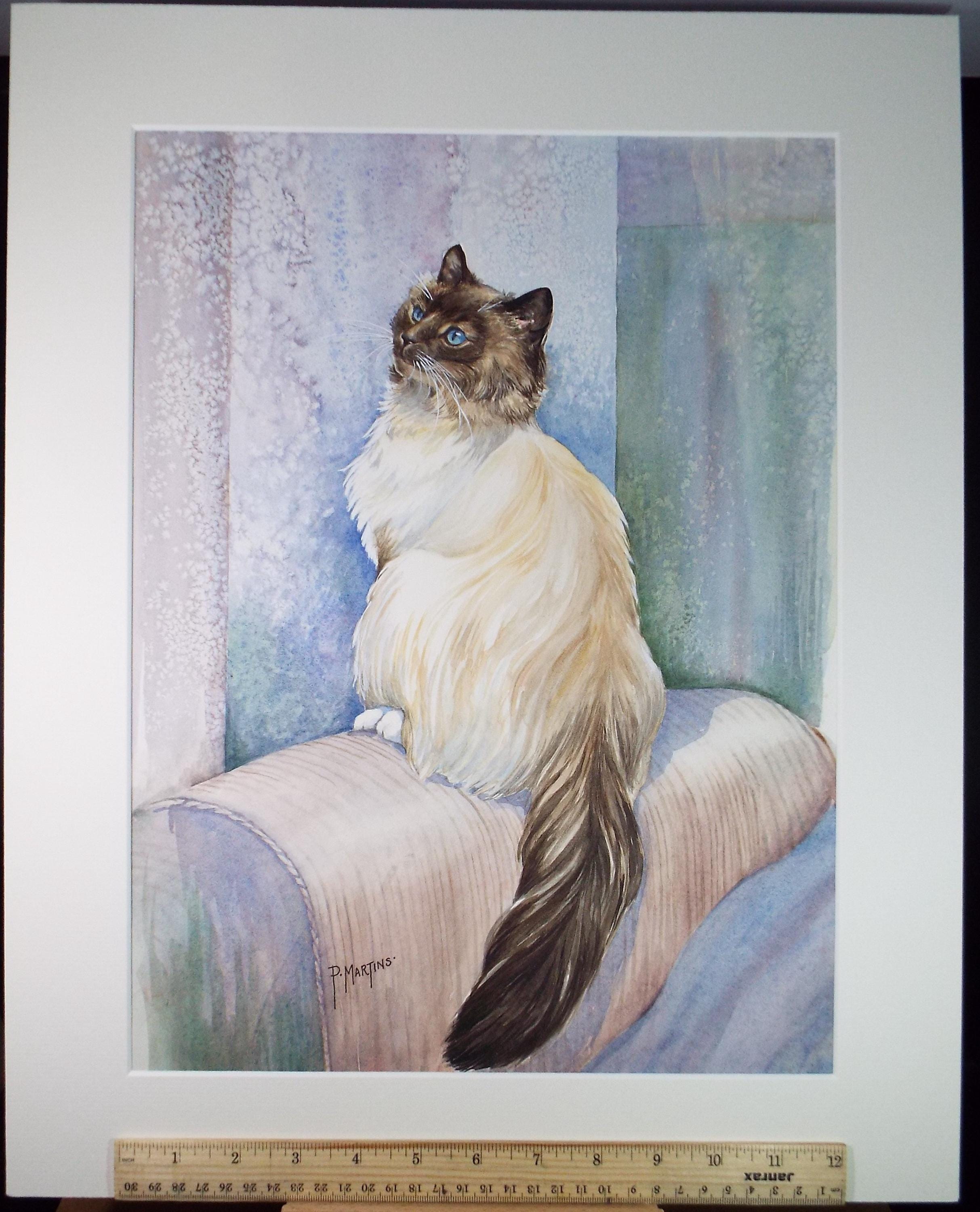 Original Watercolour, 'Cat on the armchair',P Martins s.o.f.a, Circa 1990's
