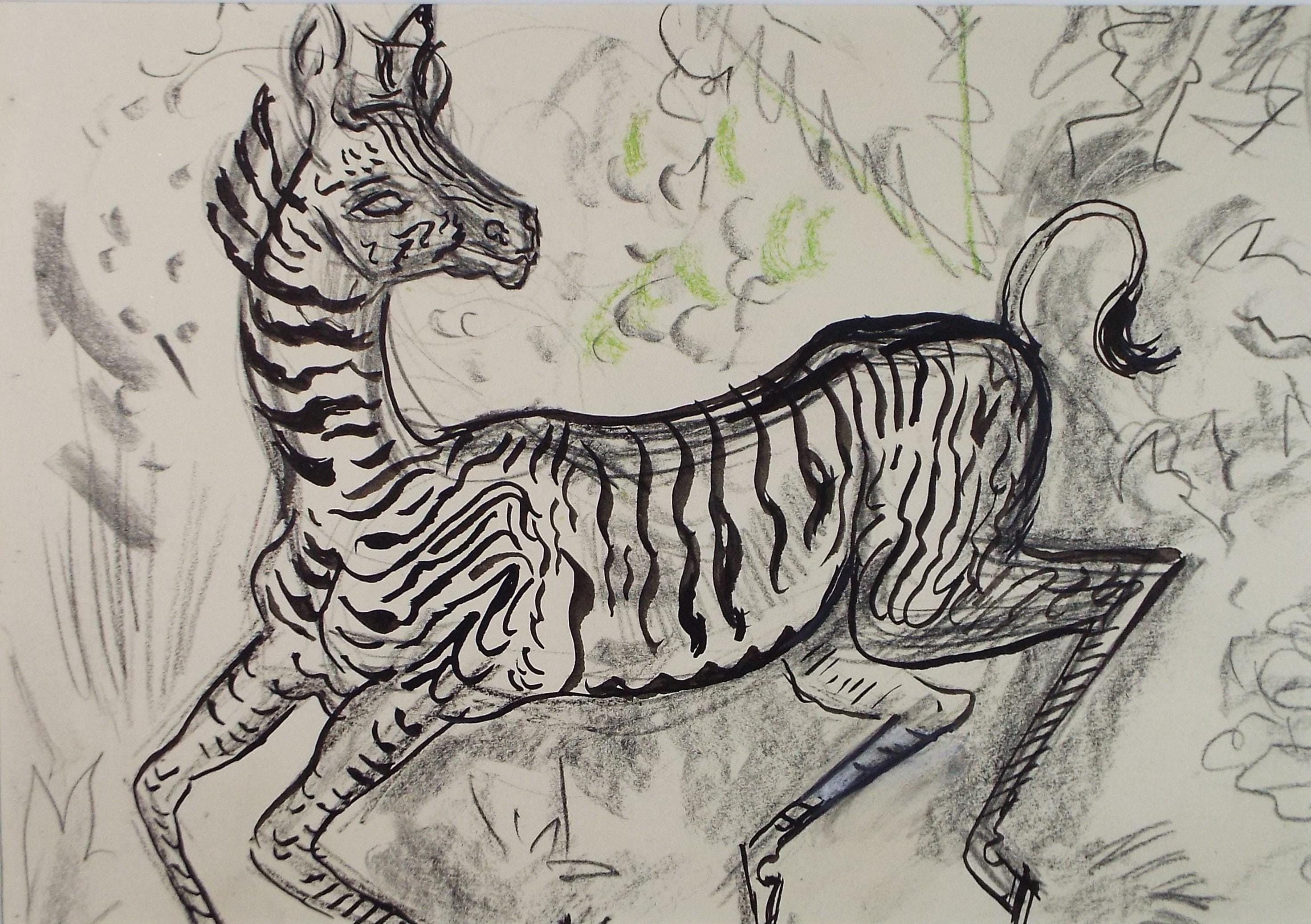 Original Conte & Ink Drawing, 'Zebra', Dated 1950, Henry Saunders (1918-1982)