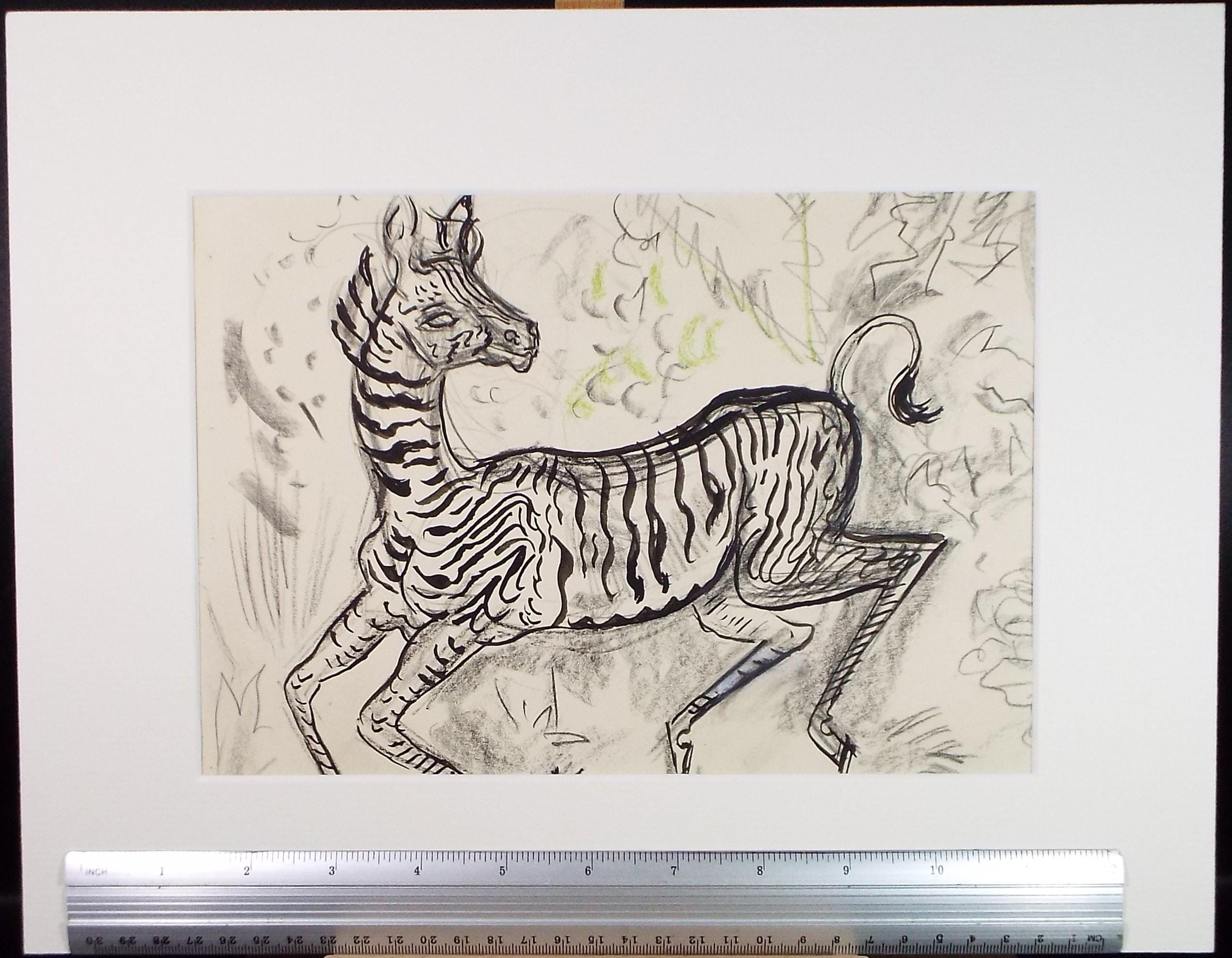 Original Conte & Ink Drawing, 'Zebra', Dated 1950, Henry Saunders (1918-1982)