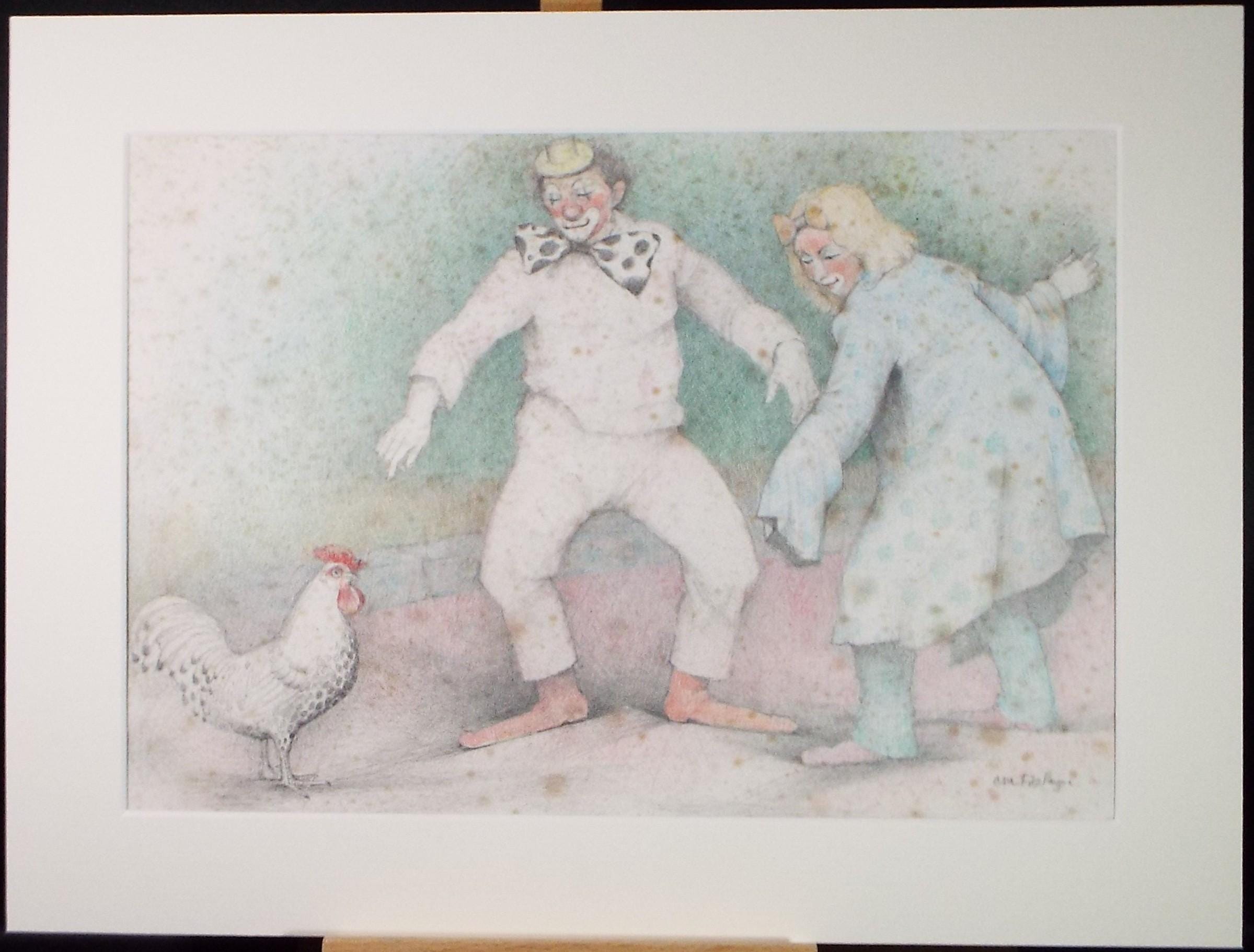 Original coloured pencil Drawing, 'Clowns and A Rooster', c1990s,Alice Mary Fitzpayne (b.1928)