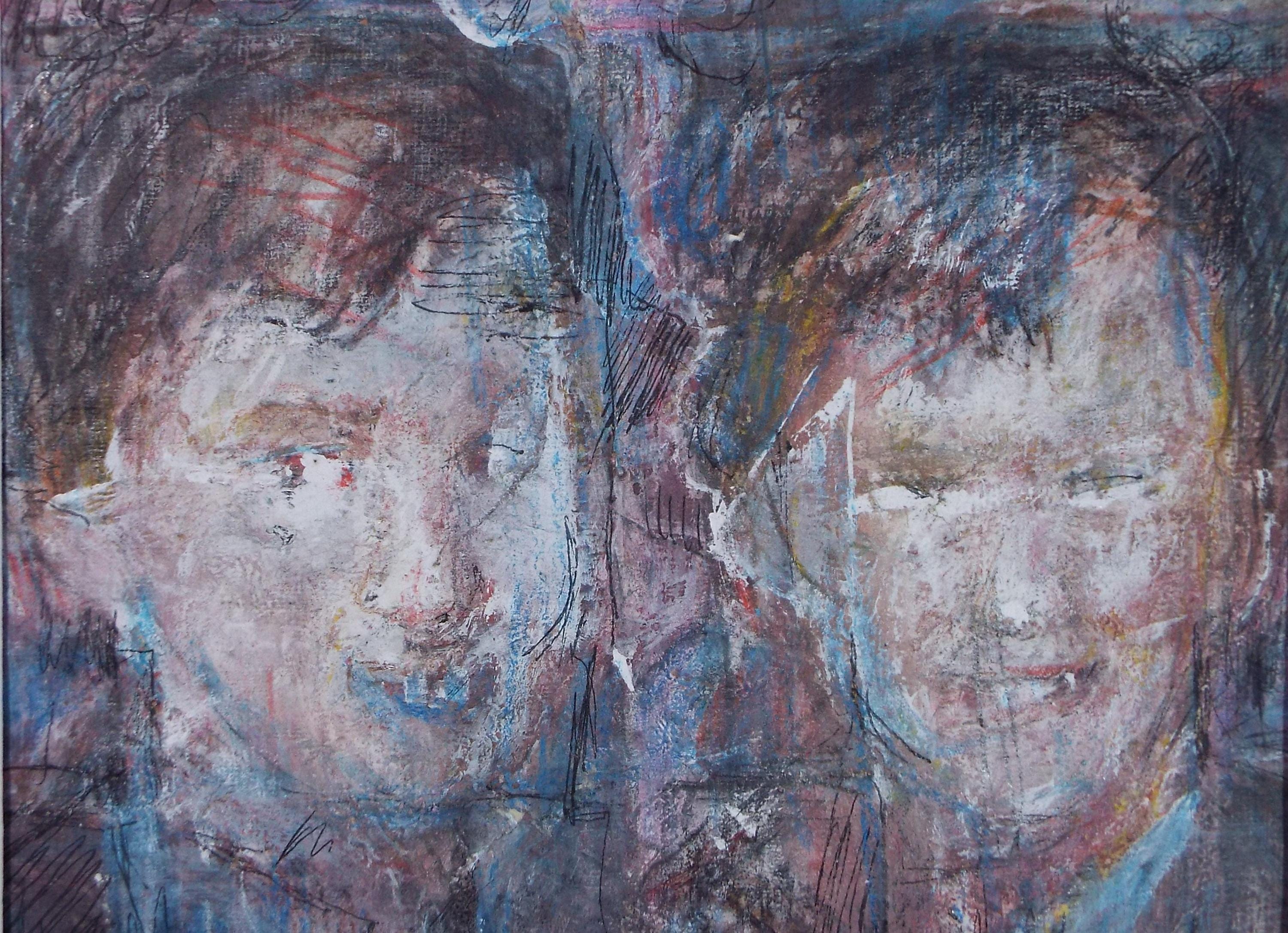 Original mixed media,'Portrait of two boys', circa 1990's, John Gilbey Bowles (1929-2011)