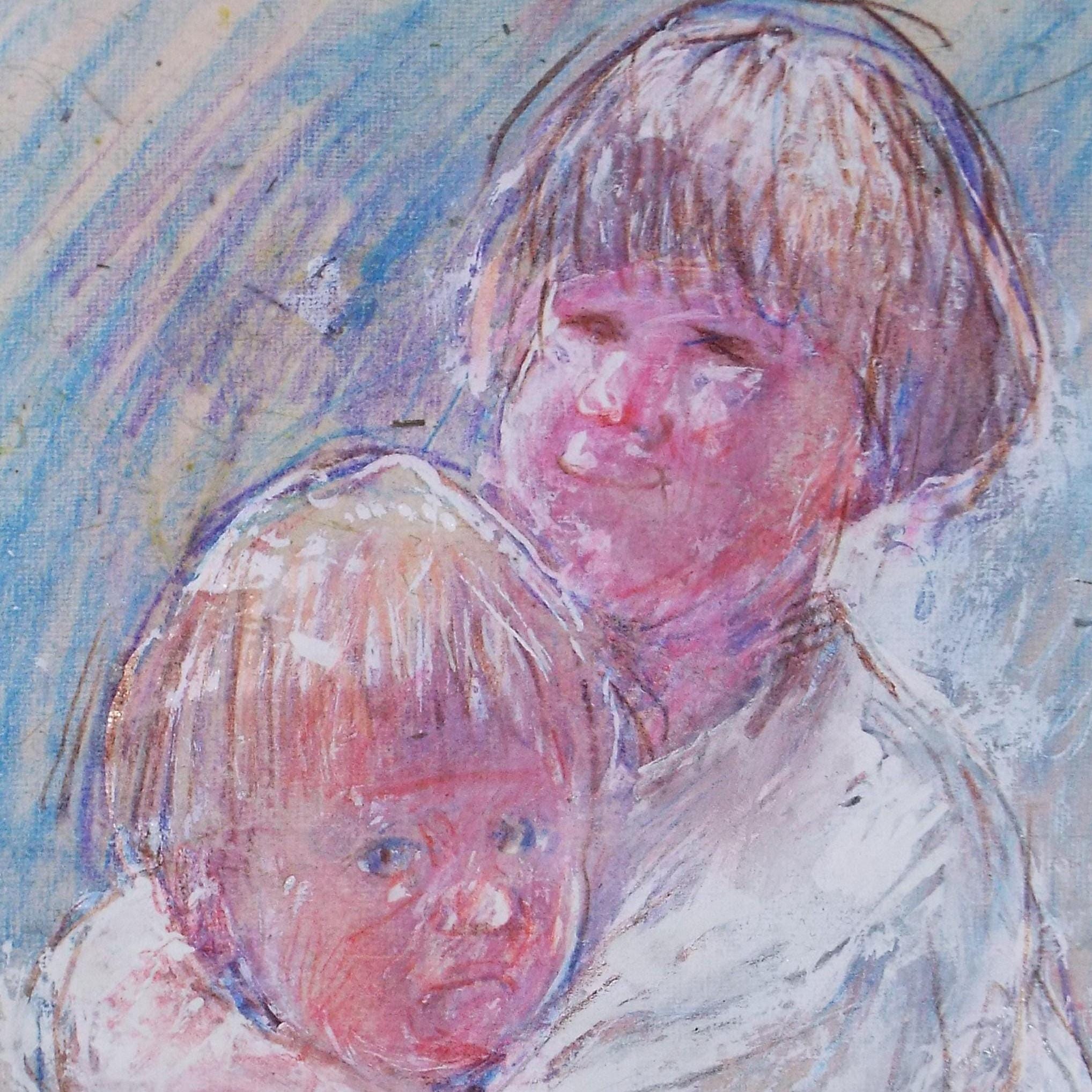 Original mixed media,'Two Children', circa 1990's, John Gilbey Bowles (1929-2011)
