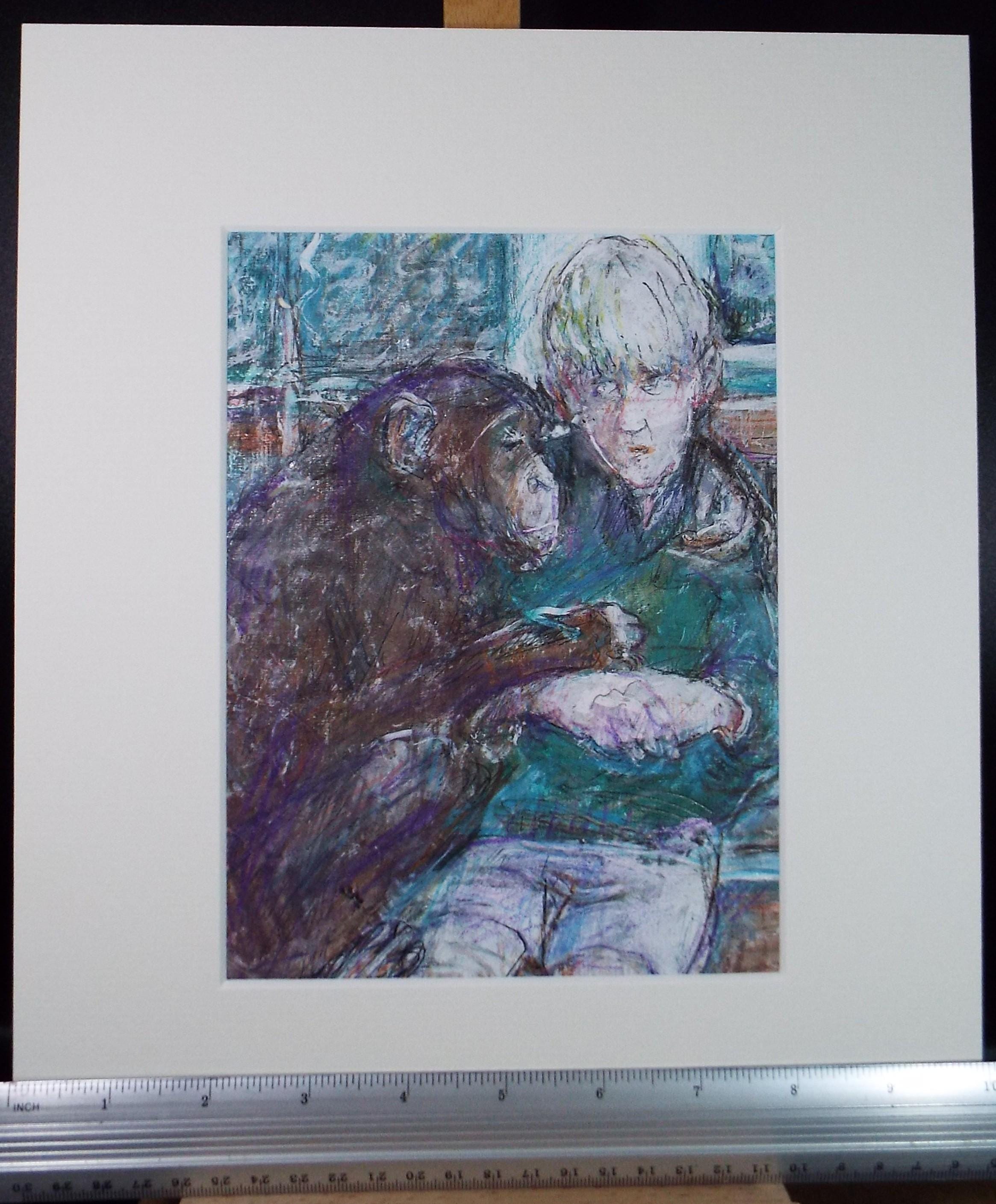 Original mixed media,'Boy with Chimpanzee', circa 1990's, John Gilbey Bowles (1929-2011)