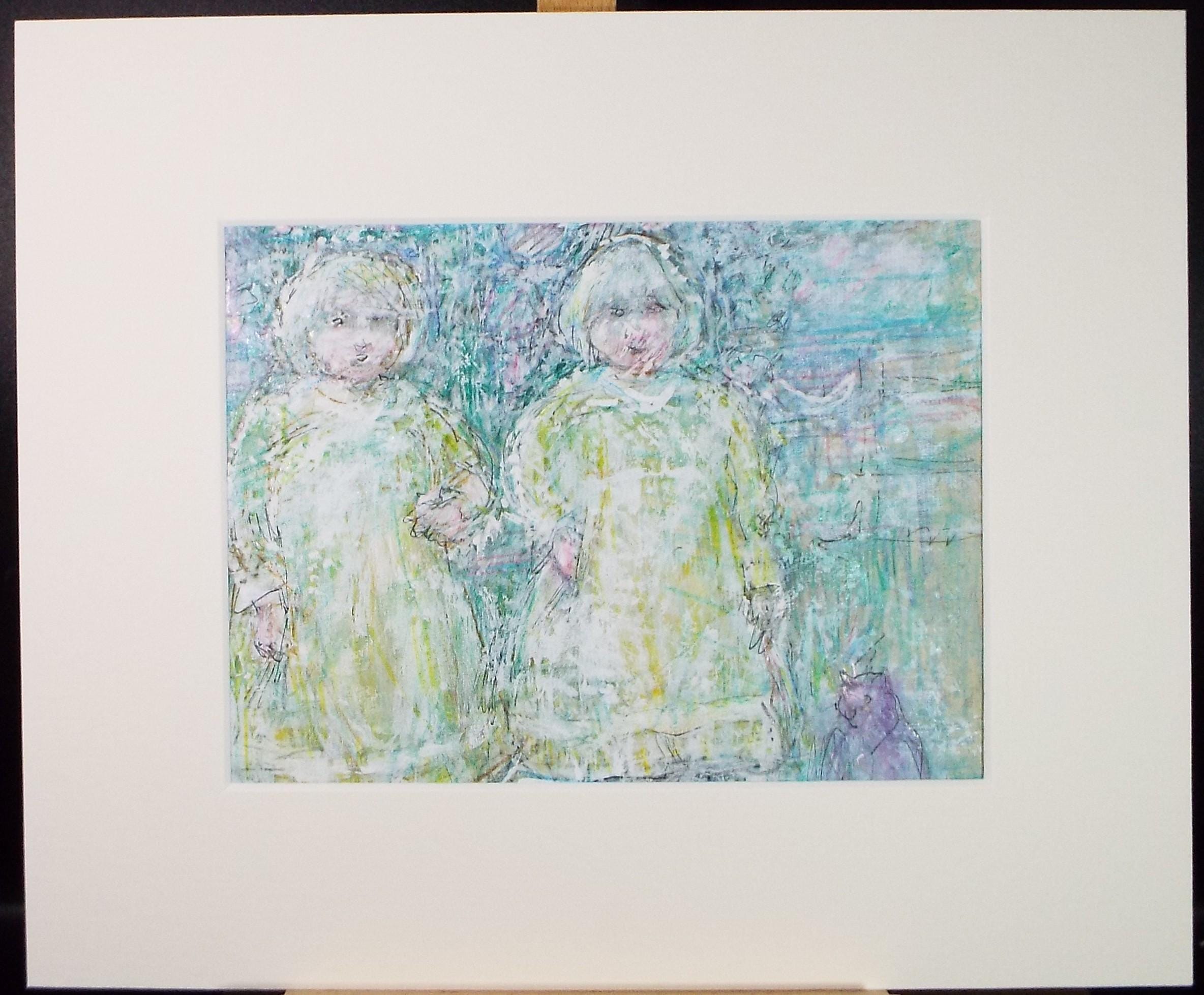 Original mixed media,'Two children & a cat', circa 1990's, John Gilbey Bowles (1929-2011)