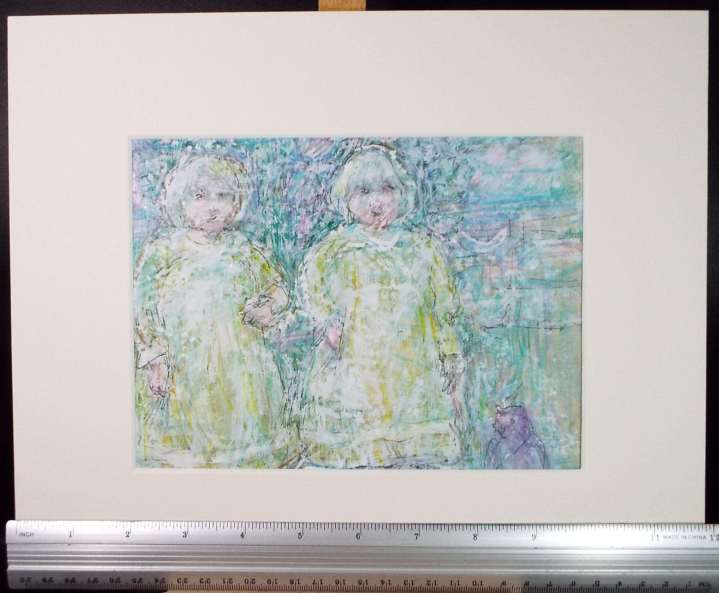 Original mixed media,'Two children & a cat', circa 1990's, John Gilbey Bowles (1929-2011)