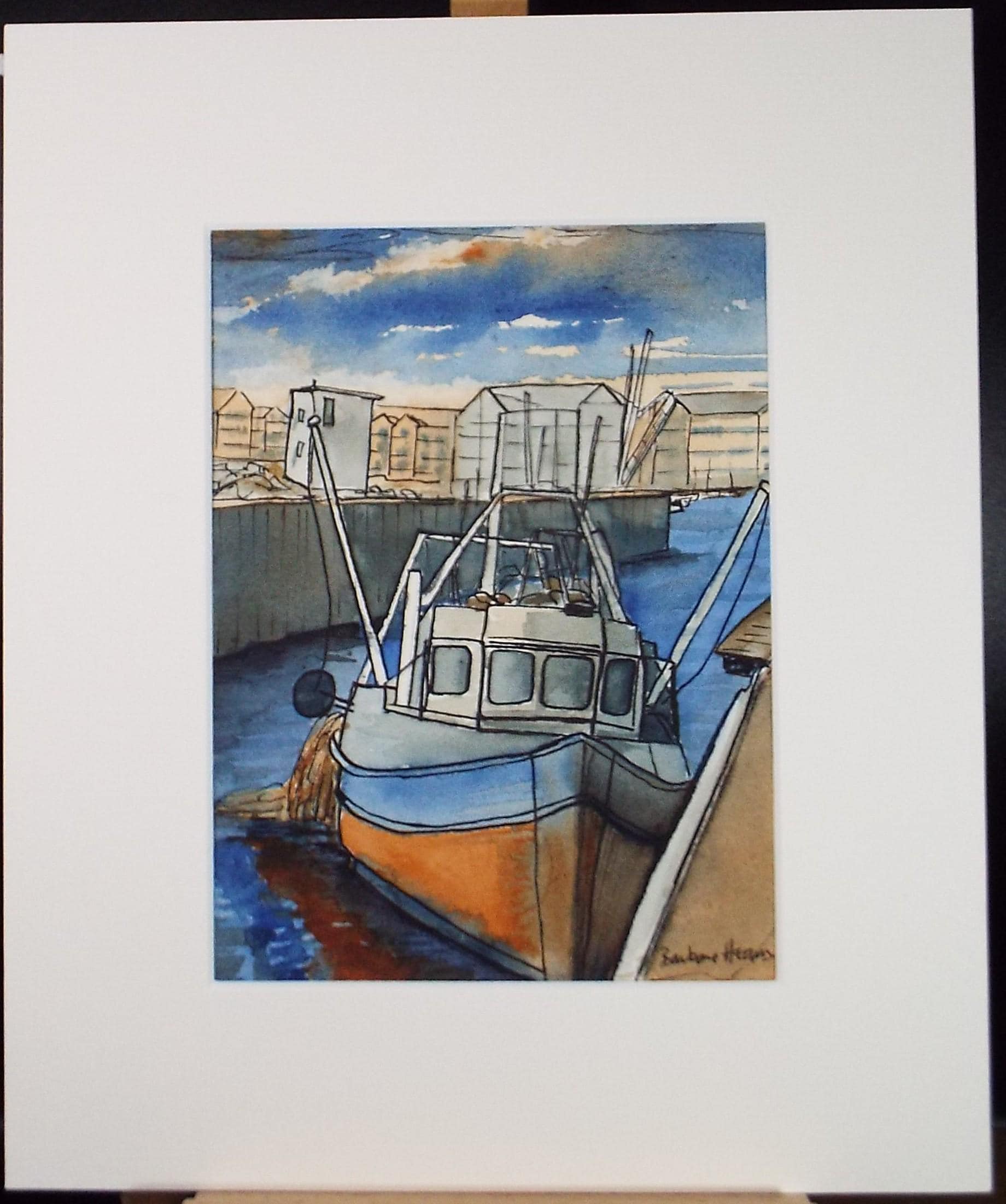 Original Watercolour, 'Fishing boat in the Harbour', Circa 1990's, Barbara Heam