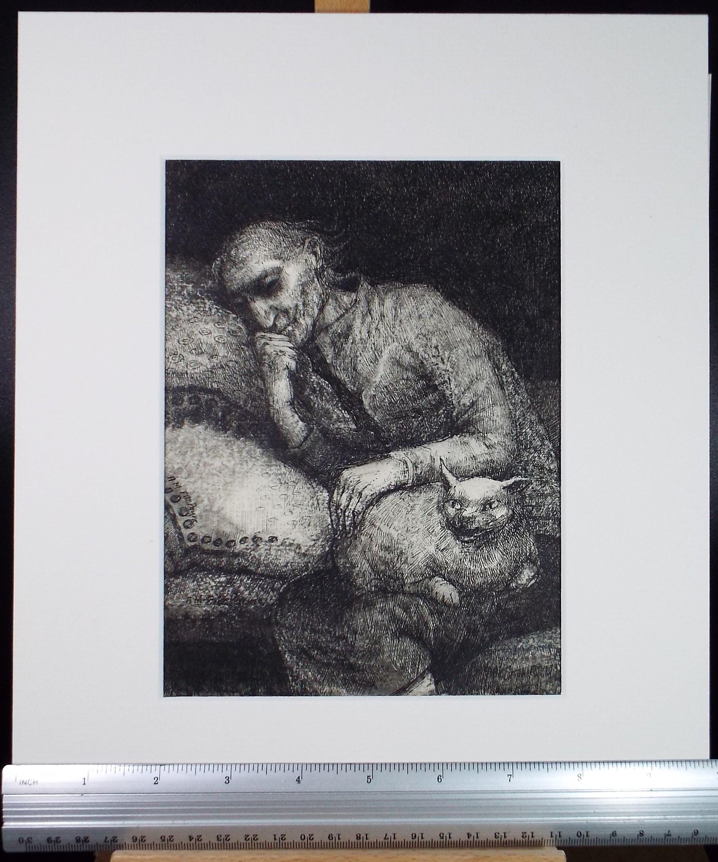 Original Pen & ink drawing, 'Man with a Cat', c1990s,Alice Mary Fitzpayne (b.1928)
