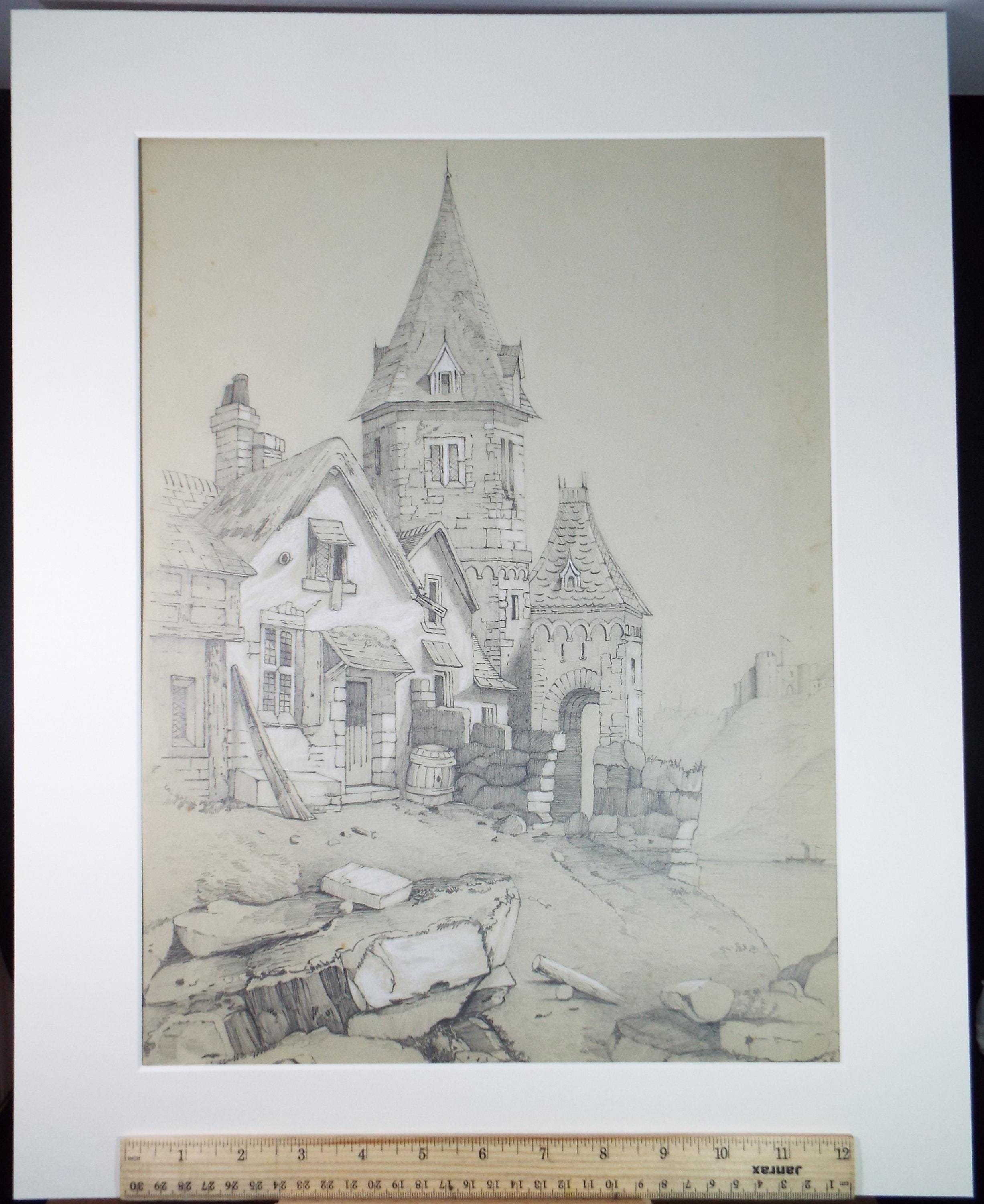 Original Pencil Drawing with white, 'Gatehouse and Cottage', Dated 1878, G E Banks