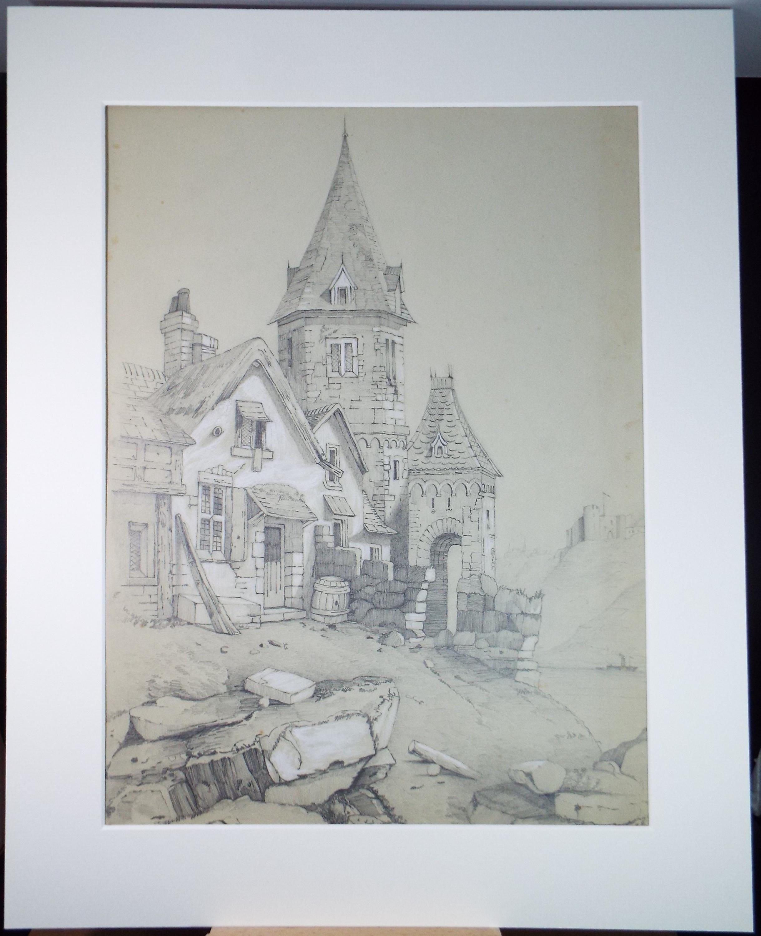Original Pencil Drawing with white, 'Gatehouse and Cottage', Dated 1878, G E Banks