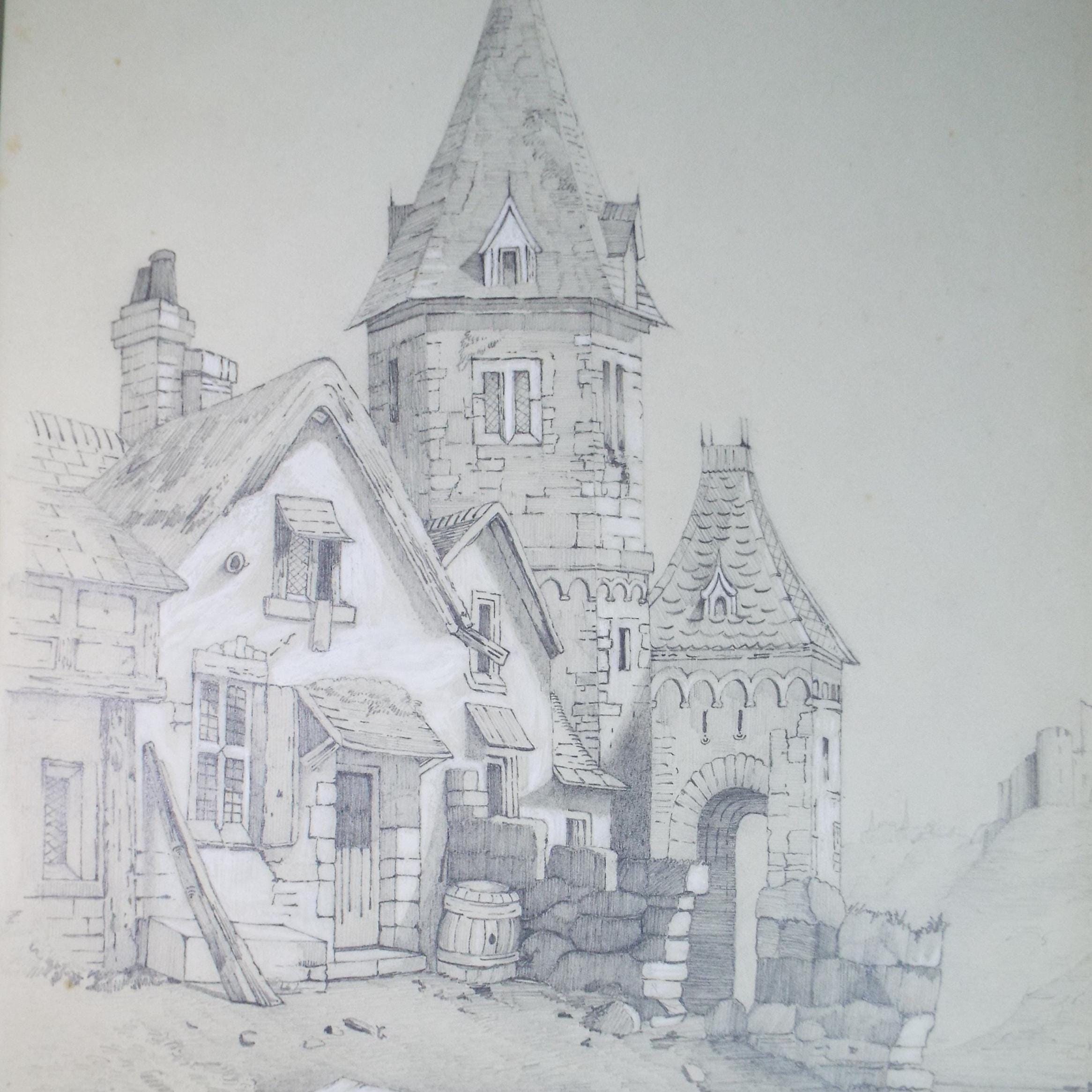 Original Pencil Drawing with white, 'Gatehouse and Cottage', Dated 1878, G E Banks