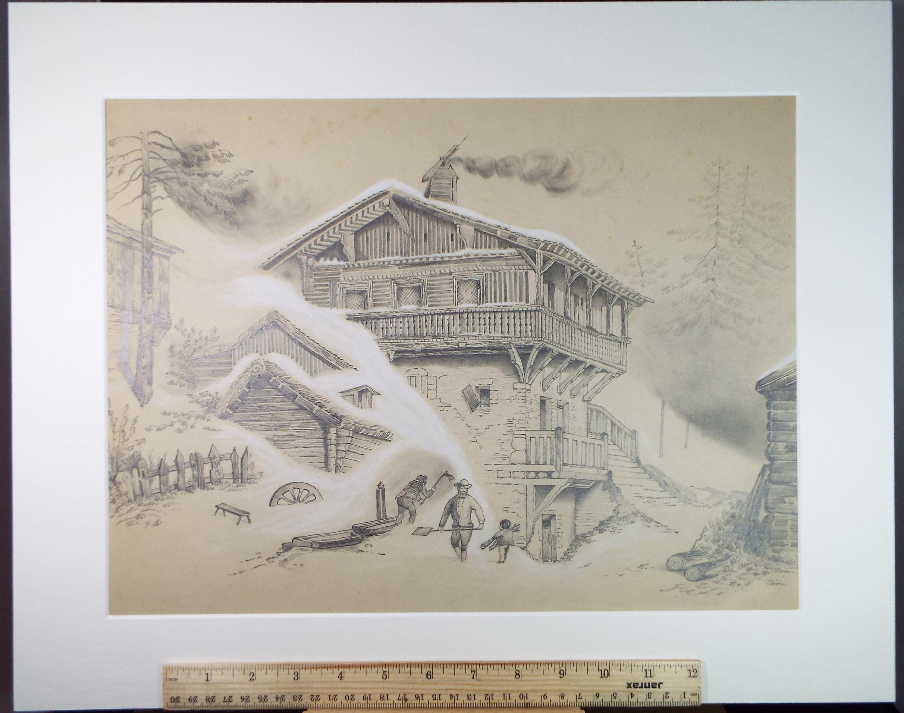 Original Pencil Drawing with white, 'Alpine Chalet', Circa 1870's, Artist Unknown