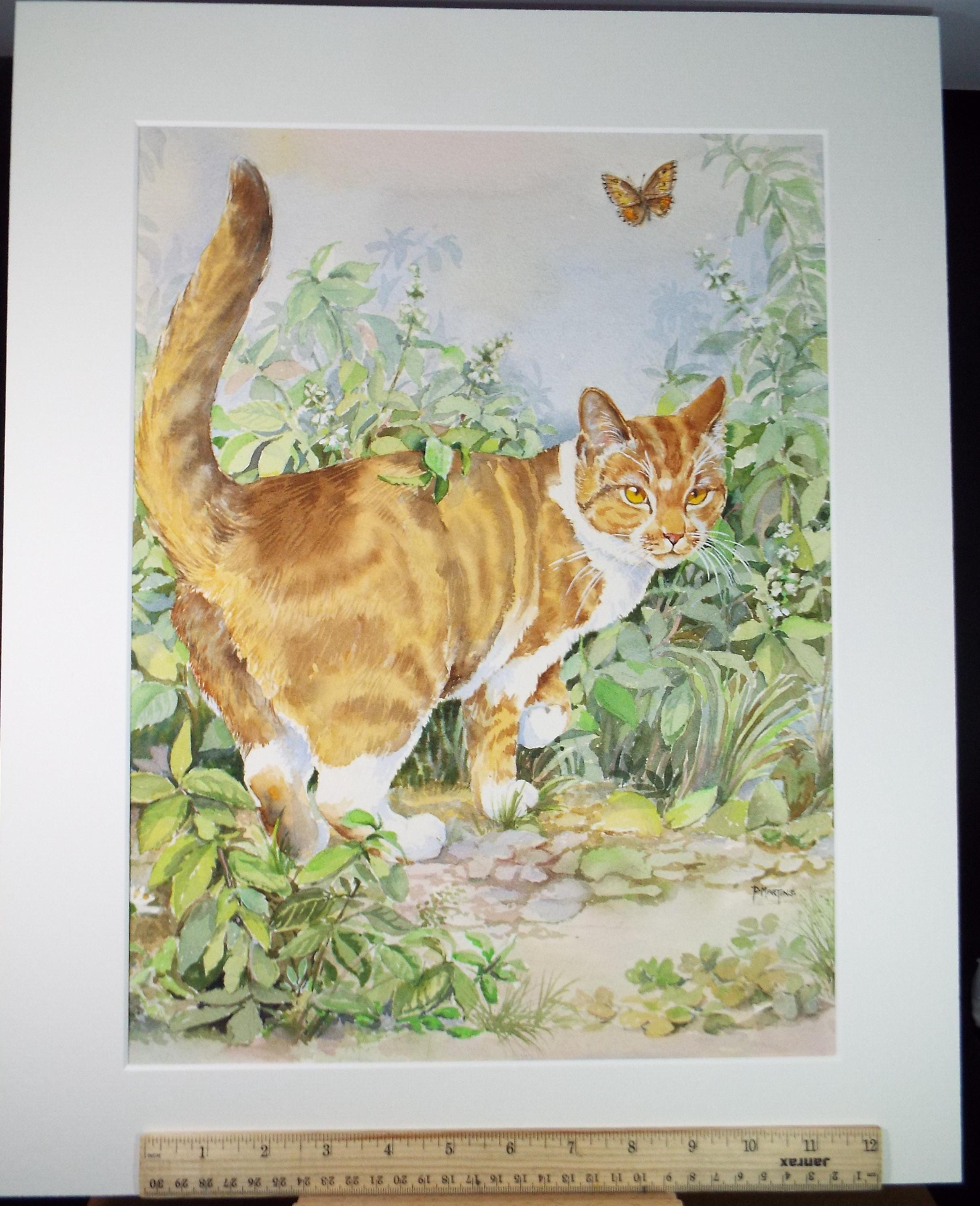 Original Watercolour, 'Basil with Butterflies',P Martins s.o.f.a, Circa 1990's