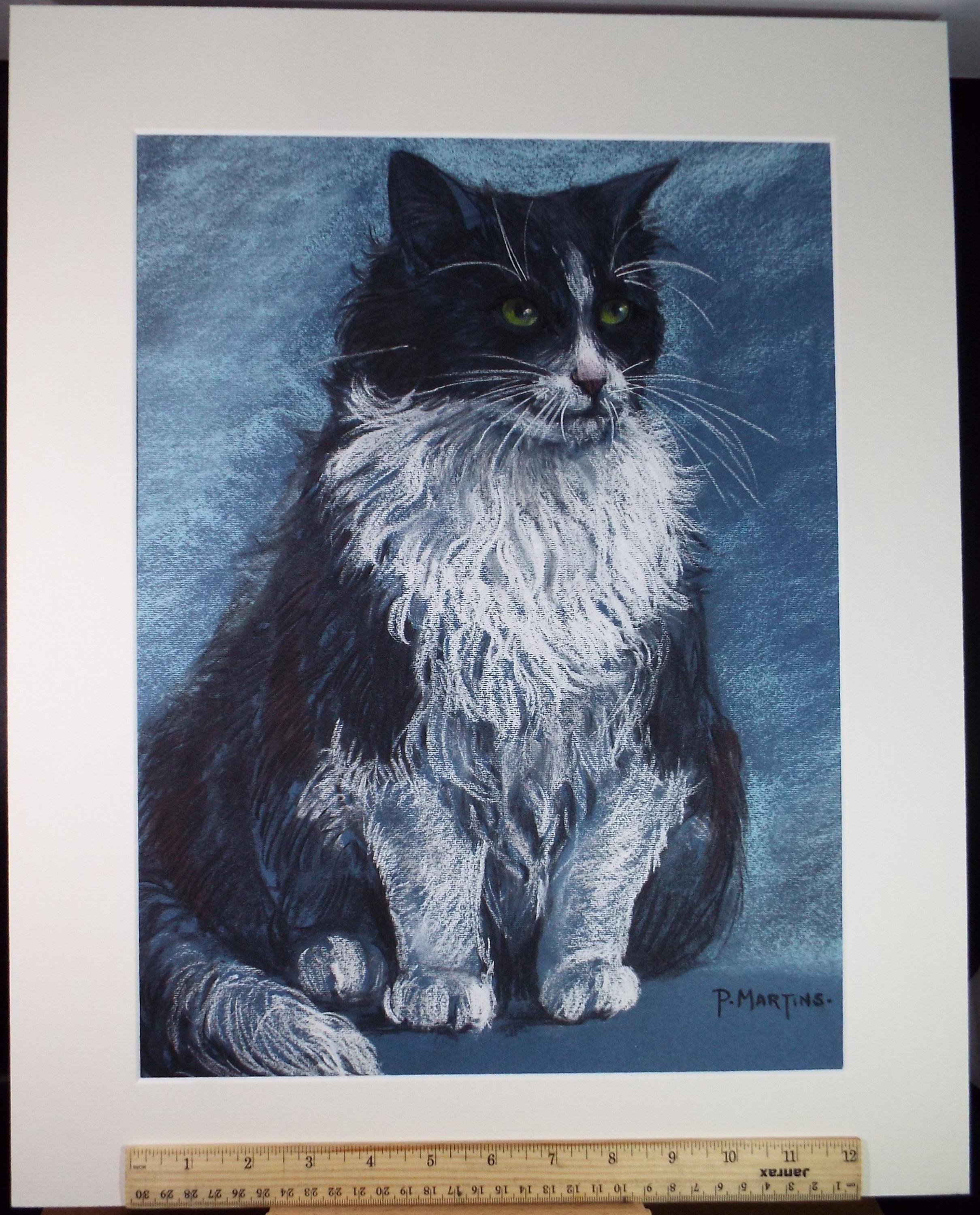 Original Pastel, 'Black & White Cat',P Martins s.o.f.a, Circa 1990's