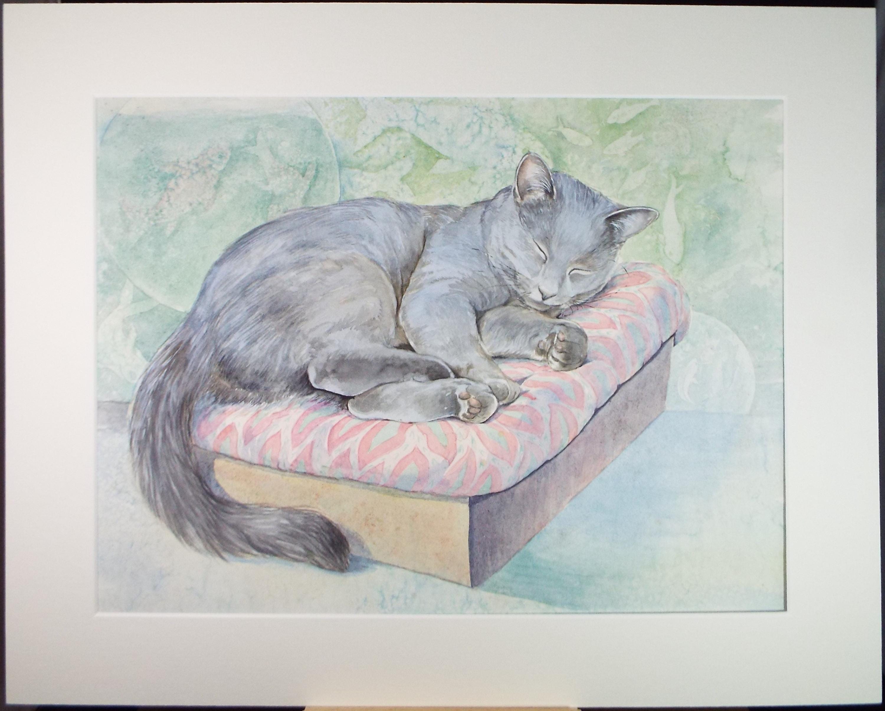 Original Watercolour, 'Sleeping Cat',P Martins s.o.f.a, Circa 1990's