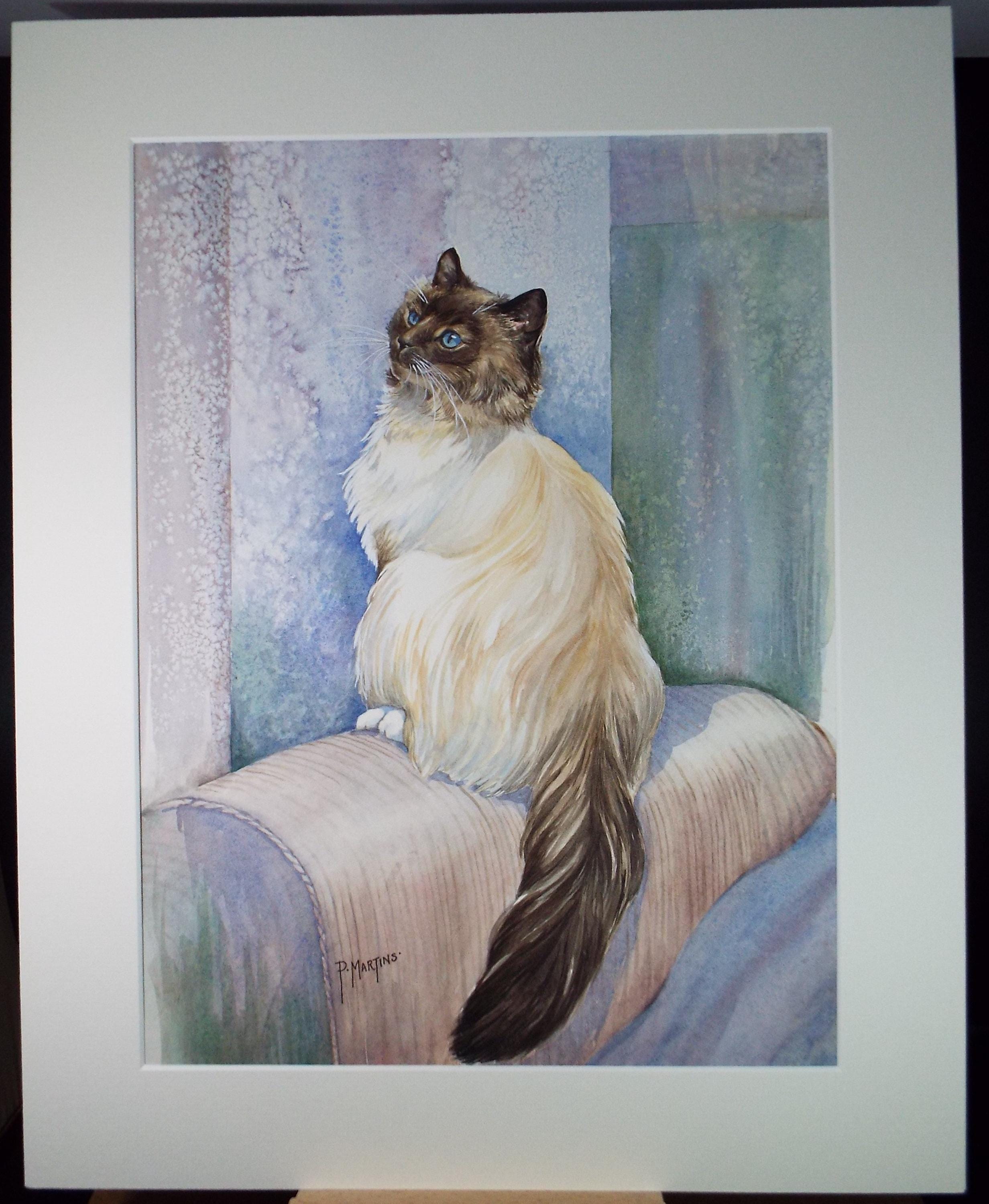 Original Watercolour, 'Cat on the armchair',P Martins s.o.f.a, Circa 1990's