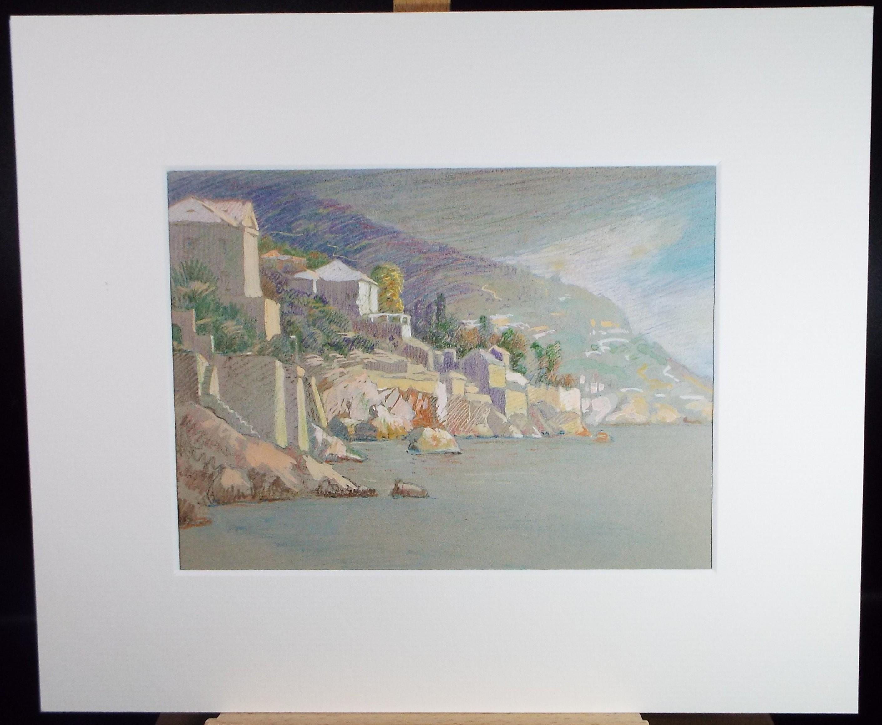 Original Pastel, 'Coastal Village', Artist Unknown, Circa 1920
