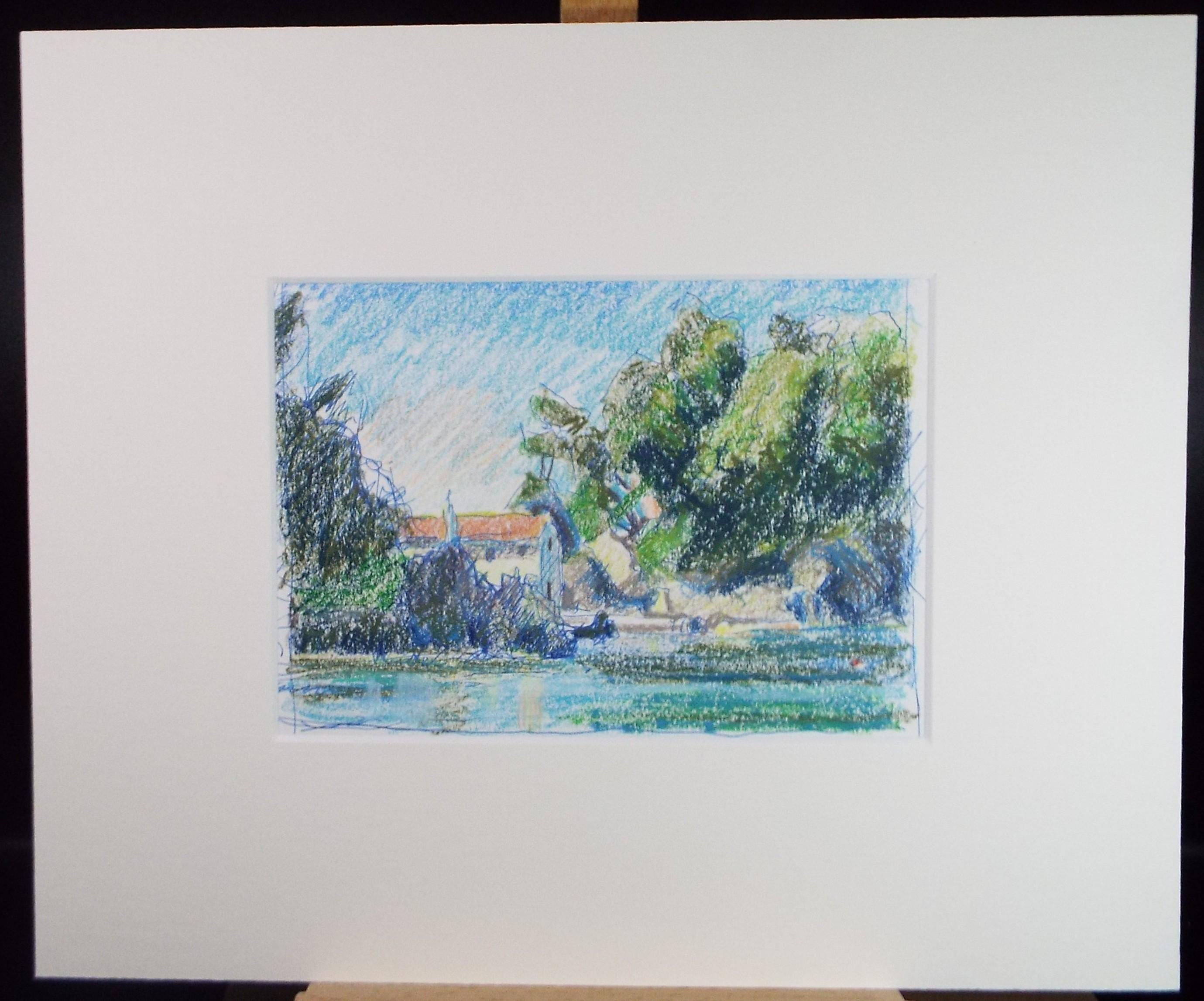 Original pastel drawing, 'Landscape with farmhouse', Circa 1990's, Pauline Plummer (b1933)