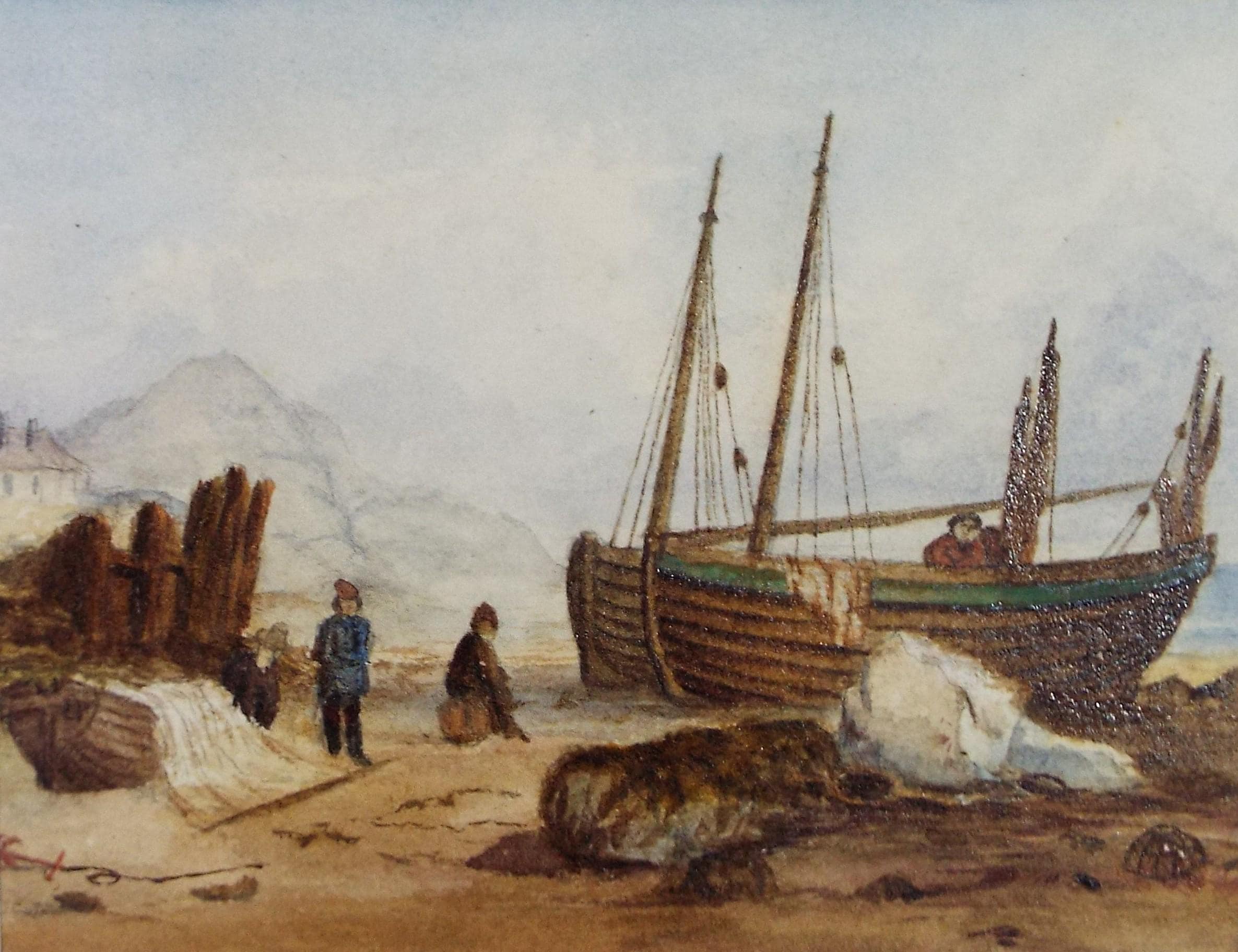 Original Watercolour, 'Figures and boats on the shore', late 19th Century, artist unknown