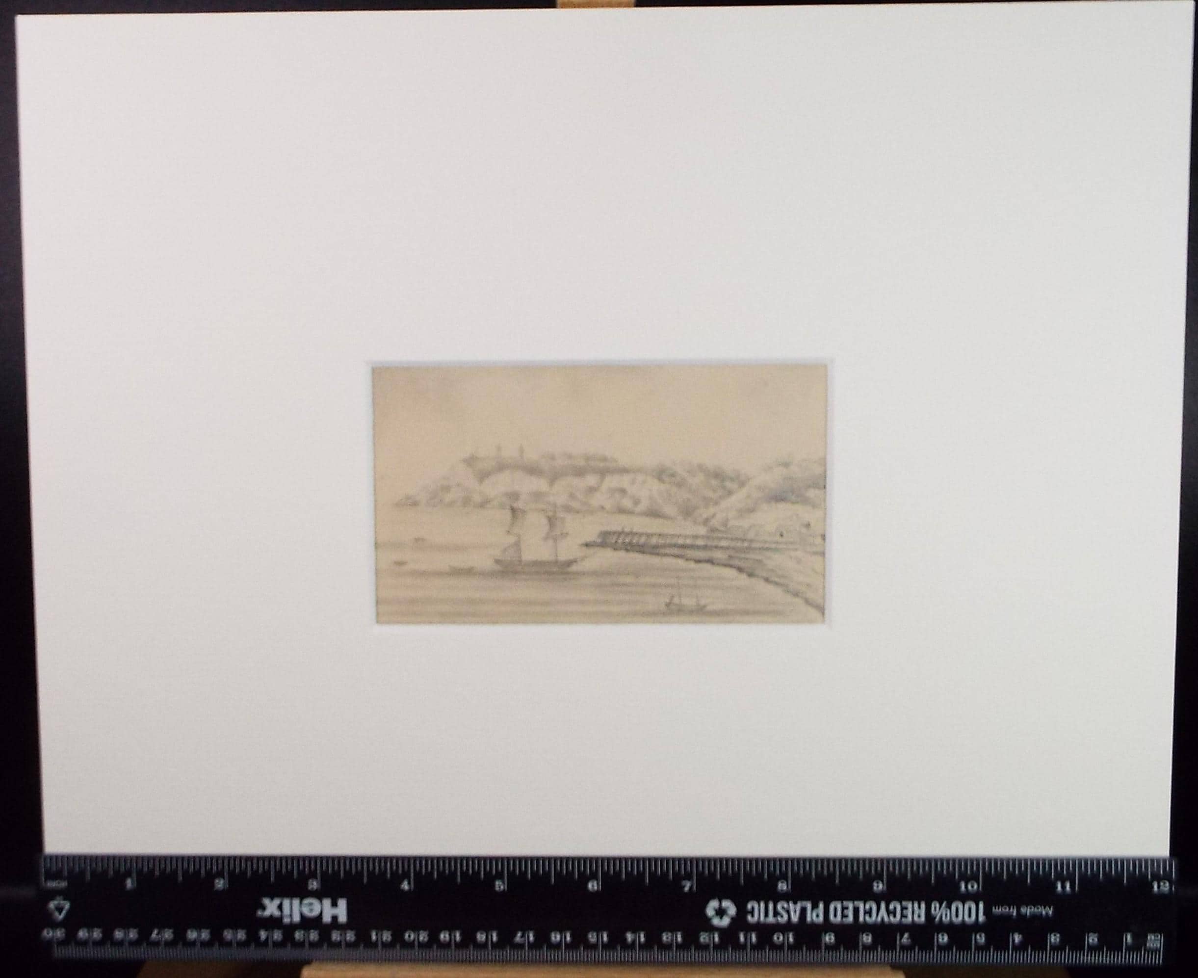 Antique Pencil drawing: Tall ship anchored, Late 19th Century