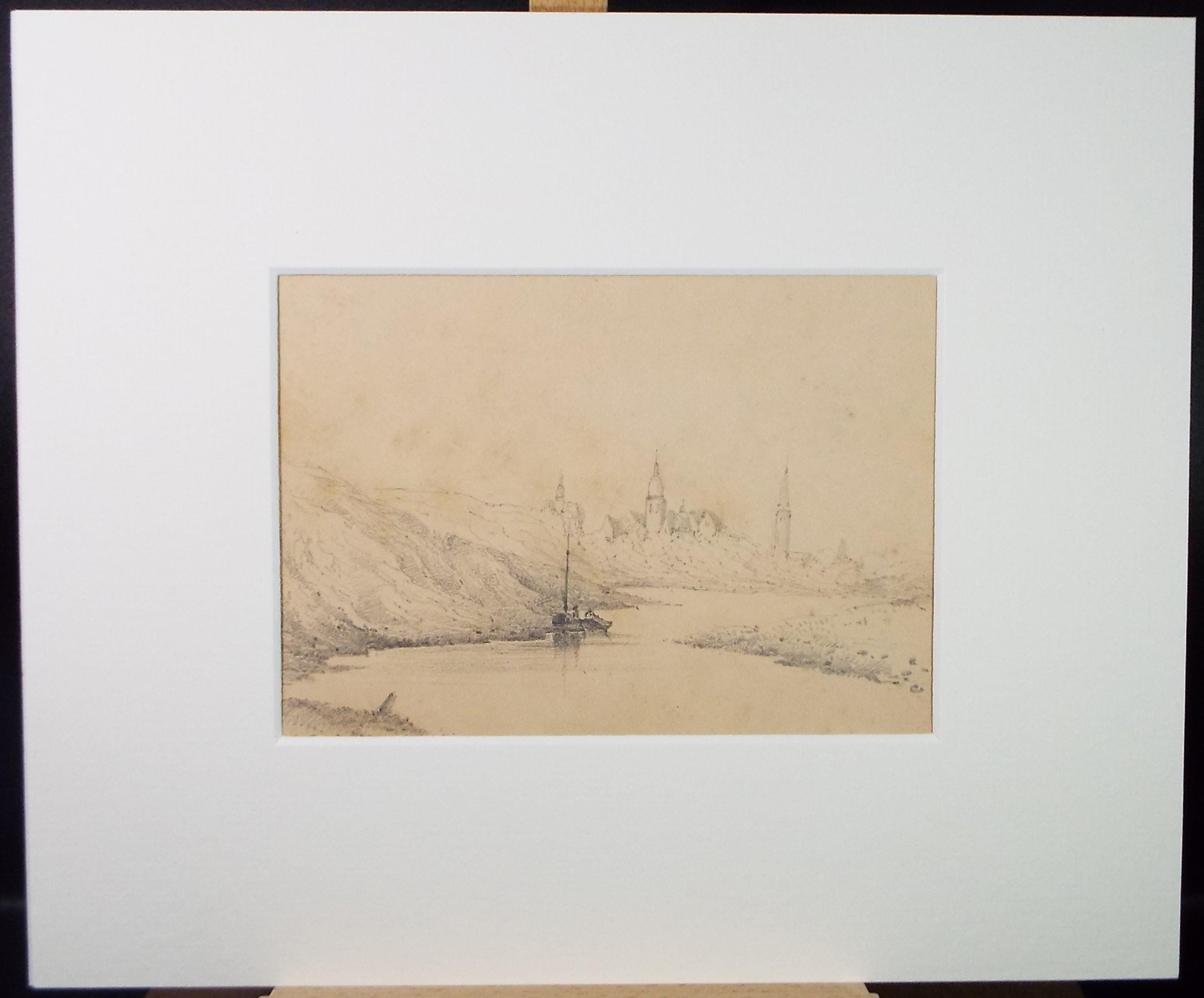 Pencil Drawing,'On the Rhine', Mid 19th Century, Unknown Artist