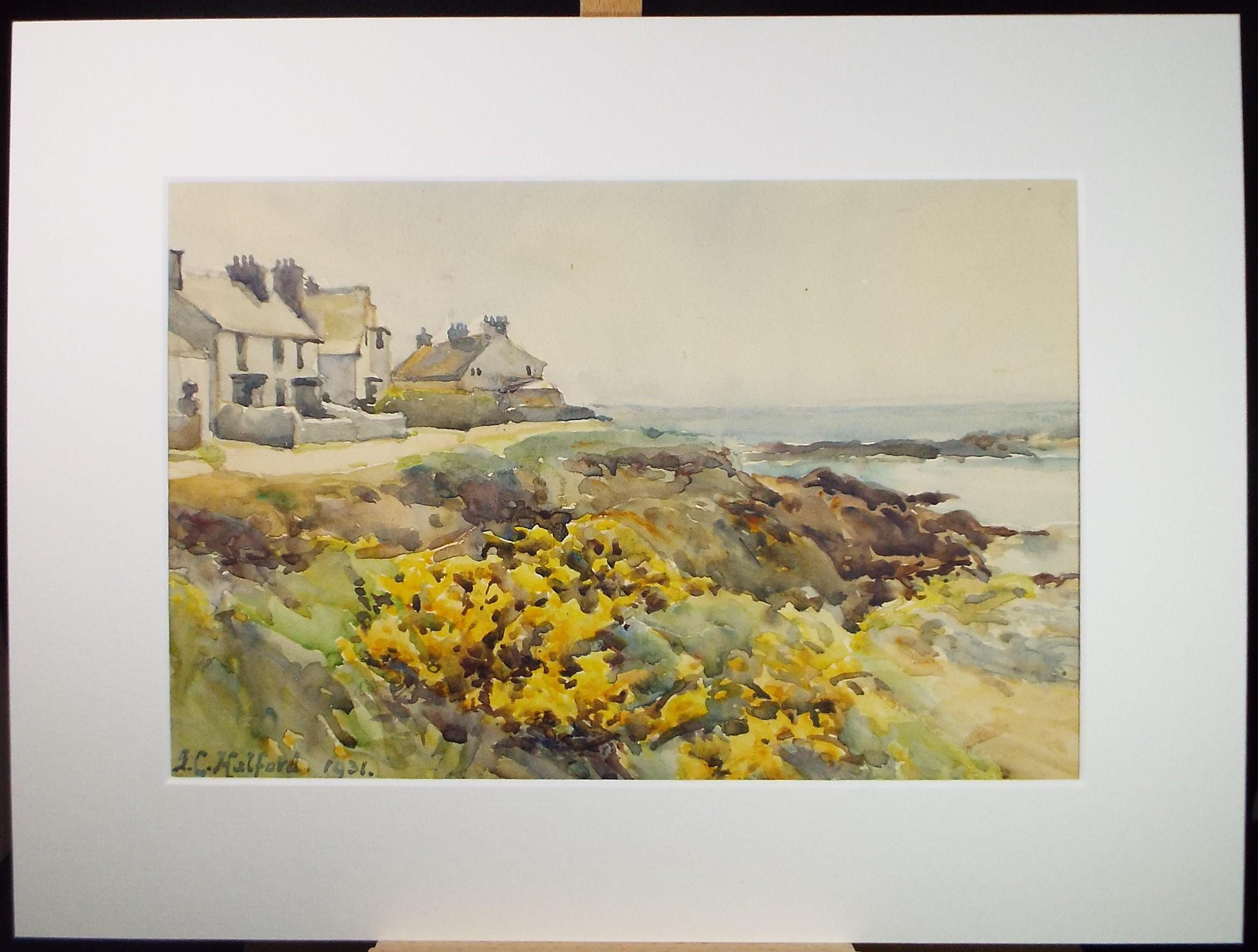 Original Watercolour, 'Fishing Village with Gorse', J C Halford, Dated 1931