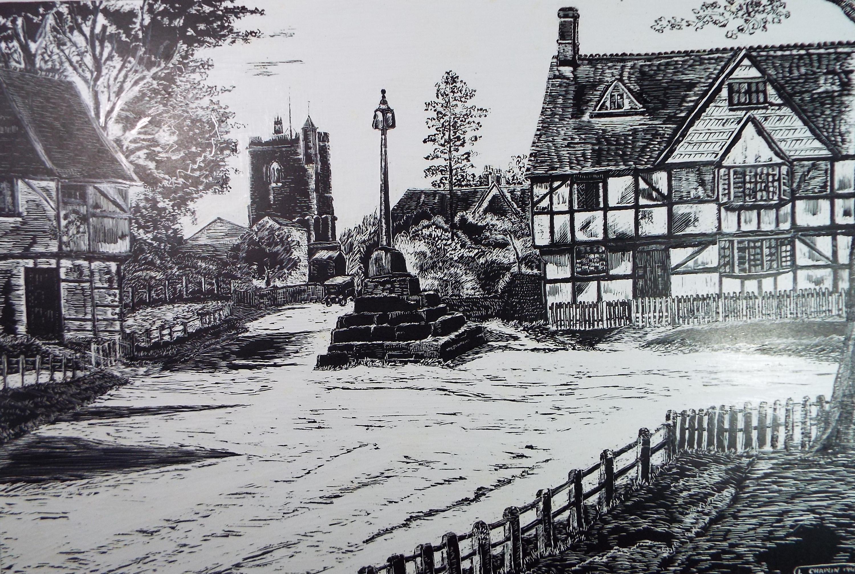 Original Scraperboard drawing, 'Village Cross, L Chaplin, Dated 1948