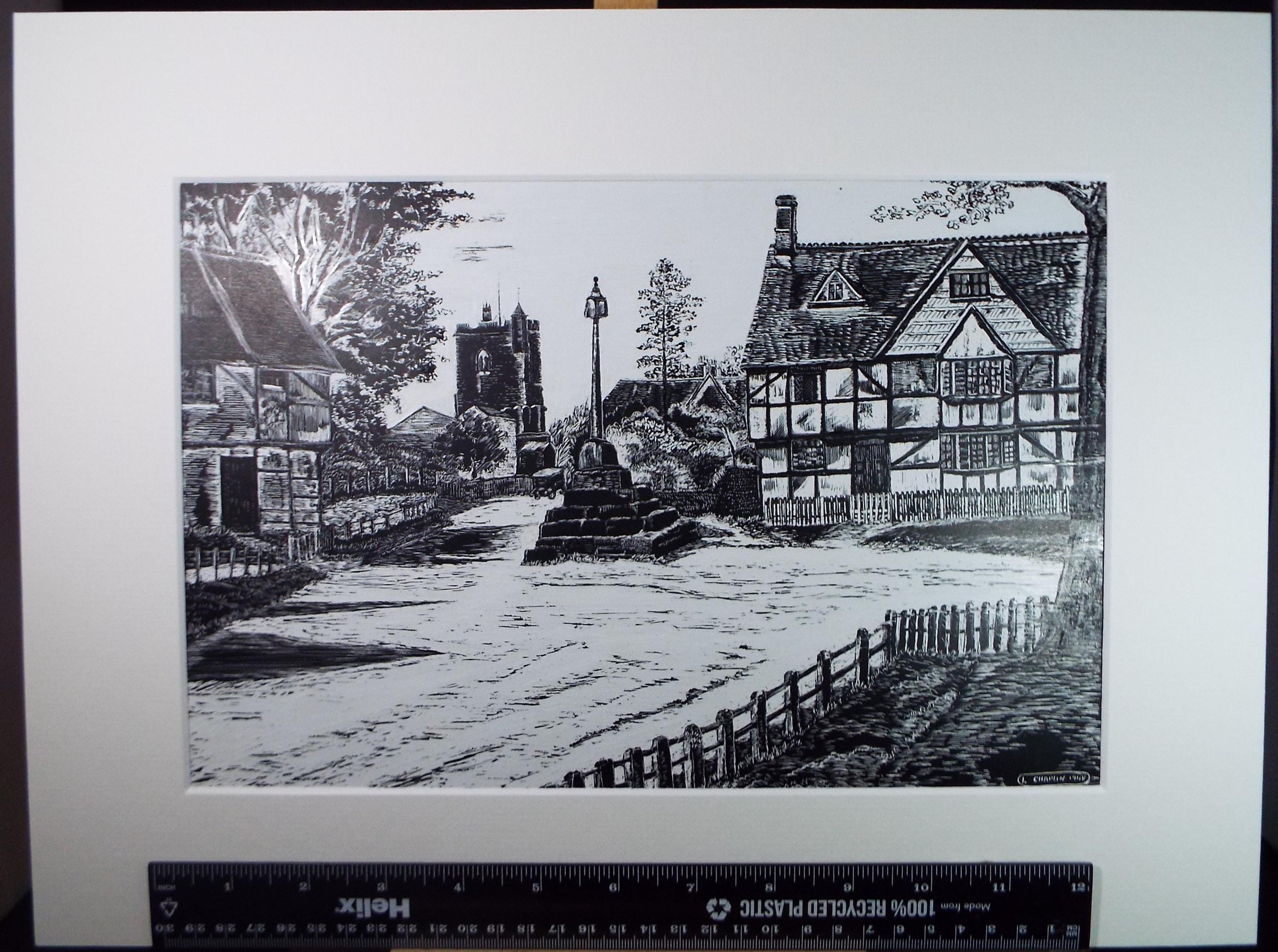 Original Scraperboard drawing, 'Village Cross, L Chaplin, Dated 1948