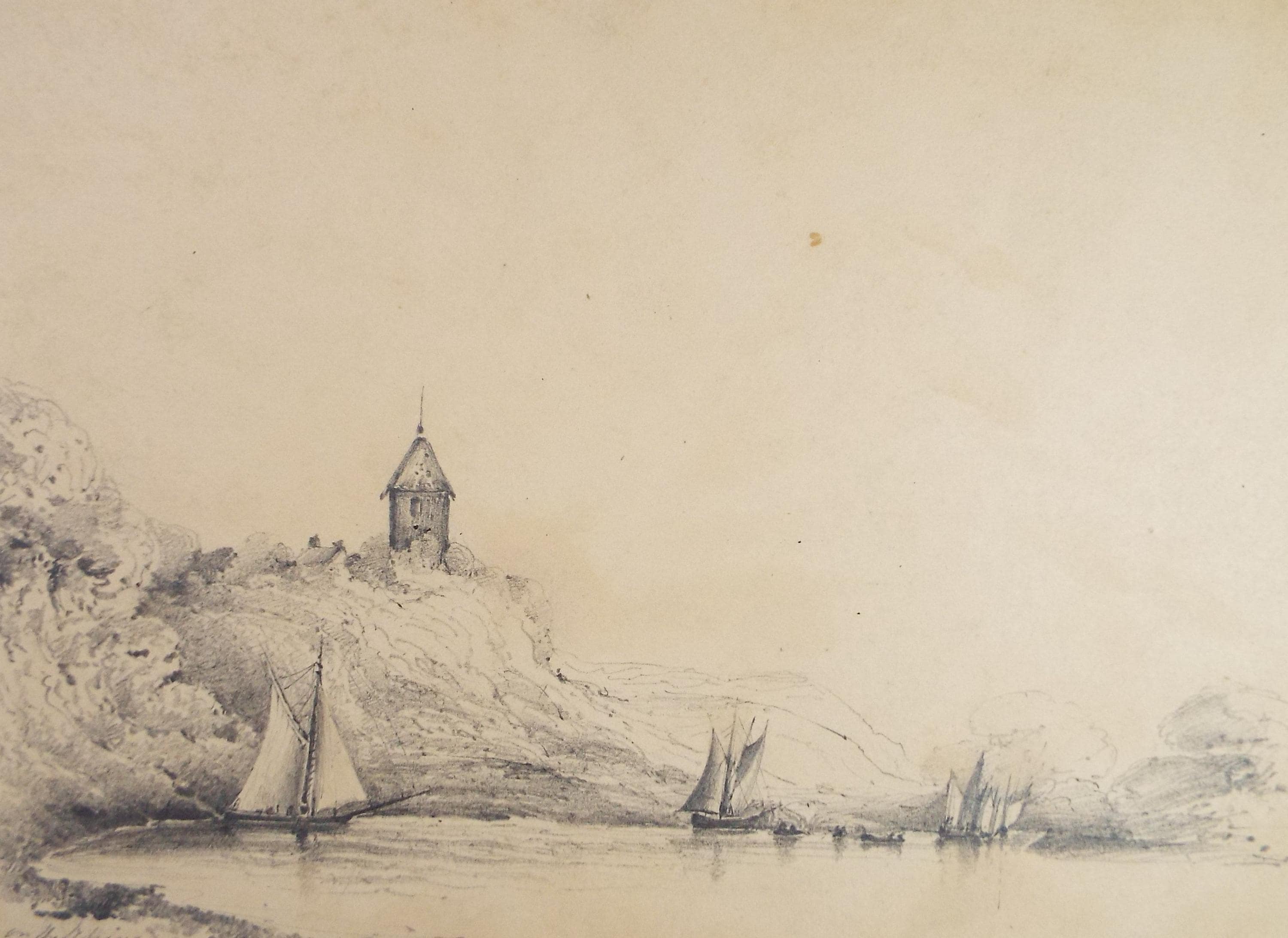 Pencil Drawing,'On the Rhein', Mid 19th Century, Unknown Artist